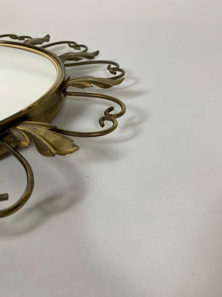 Embossed Vintage Brass Sunburst Convex Mirror, 1960s For Sale