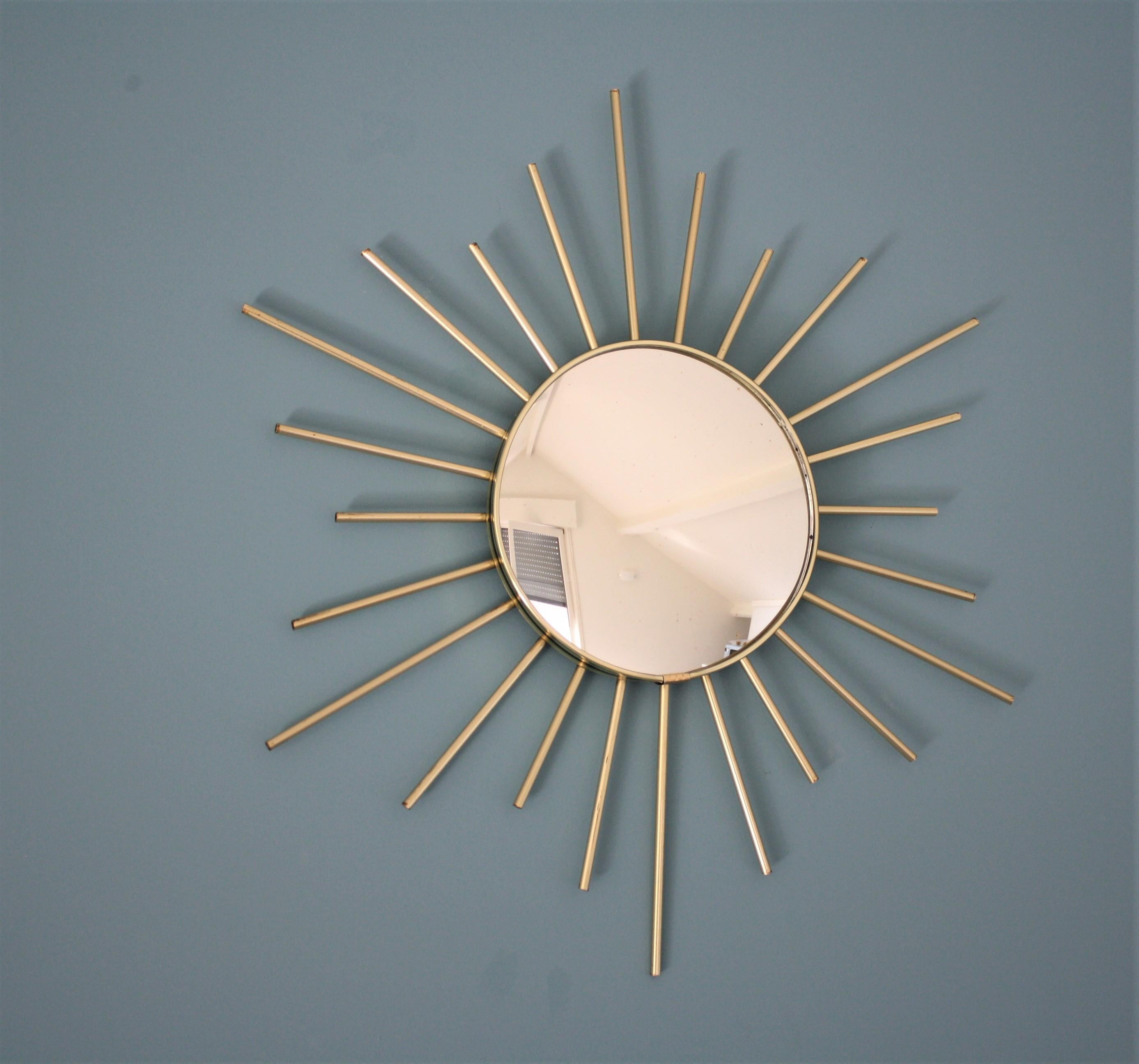 Minimalist Vintage Brass Sunburst Mirror, 1960s, France