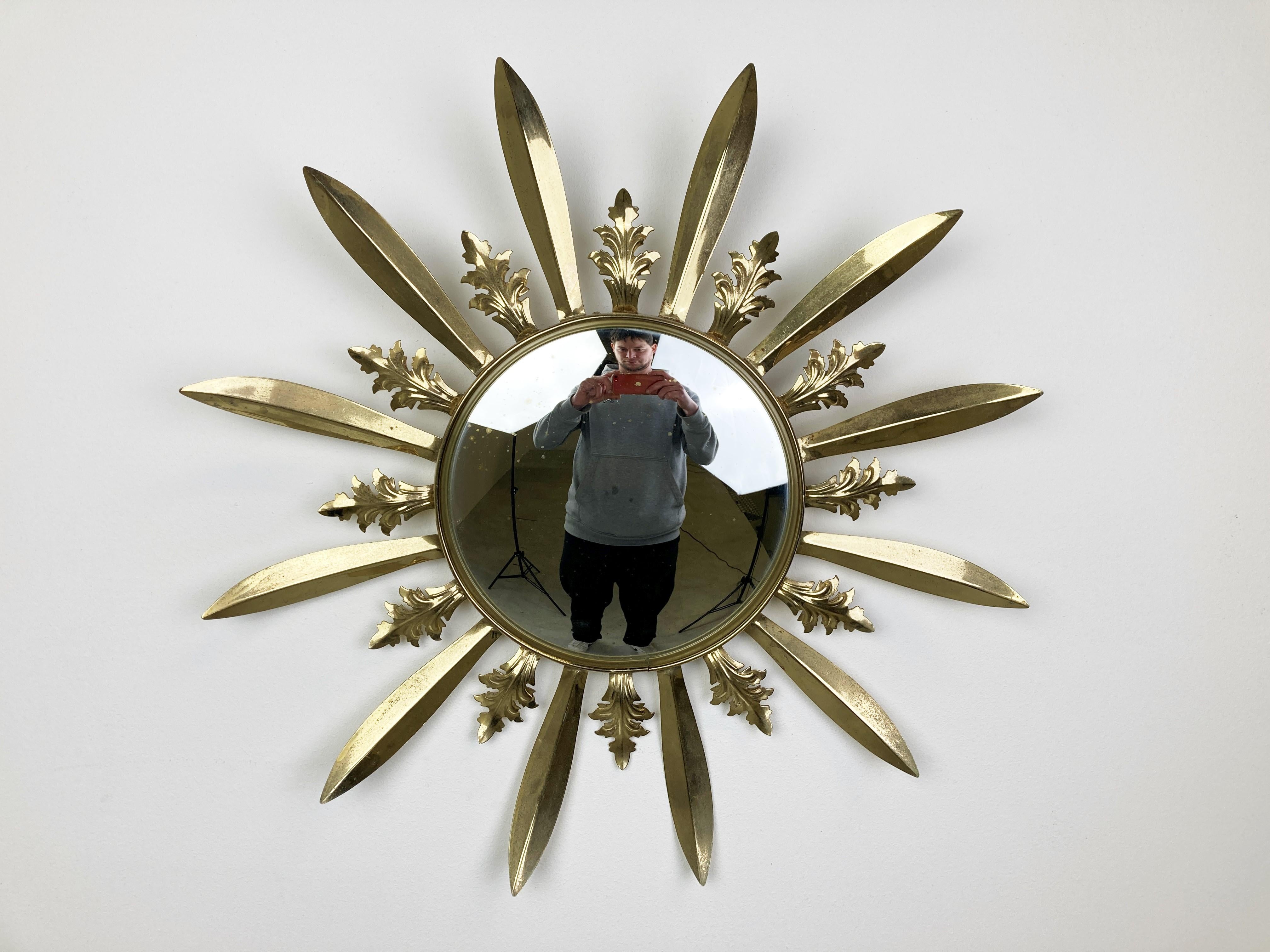 French Vintage Brass Sunburst Mirror, 1970s For Sale