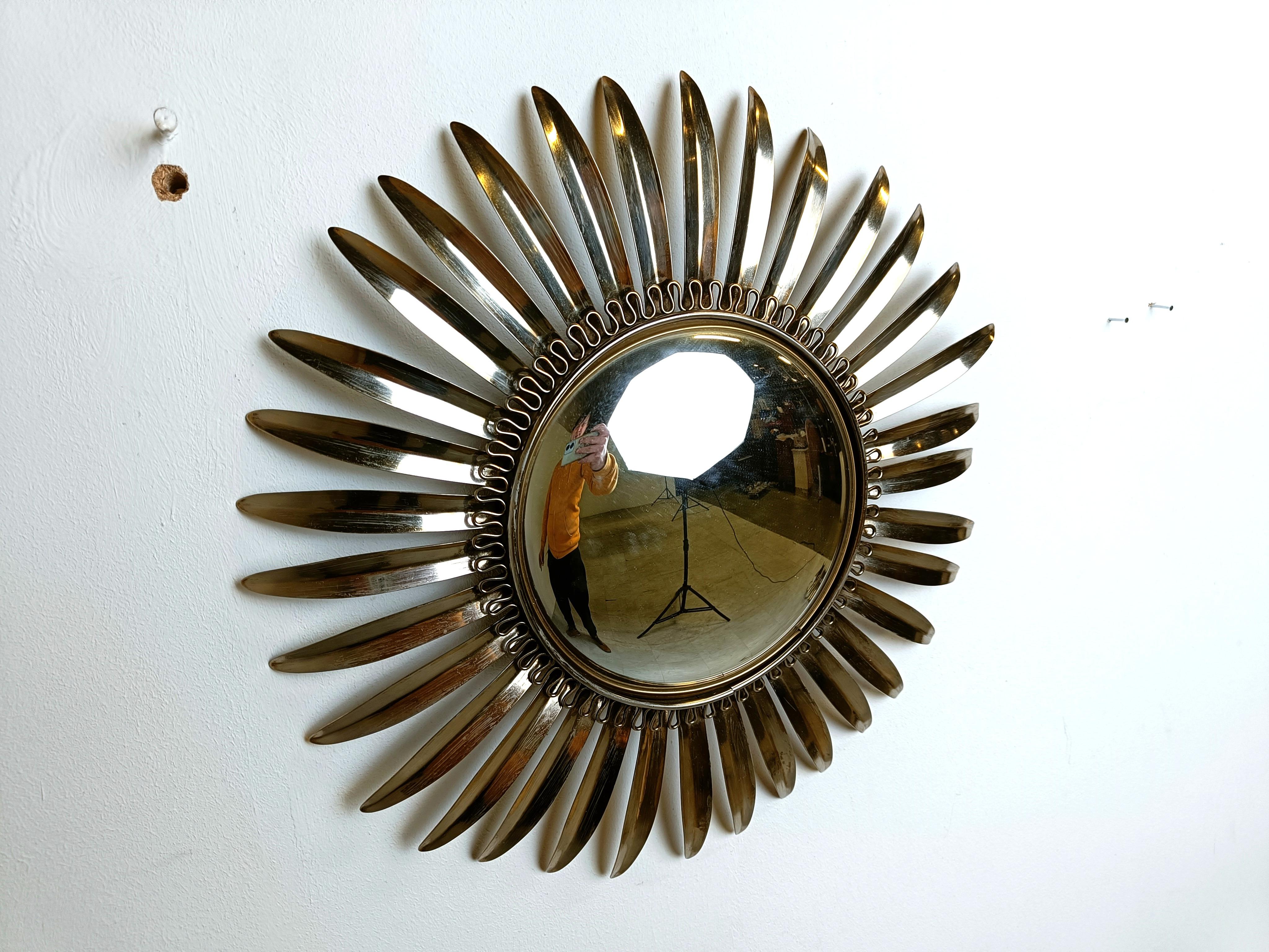 Francese Specchio a raggiera in ottone vintage, anni '70 in vendita
