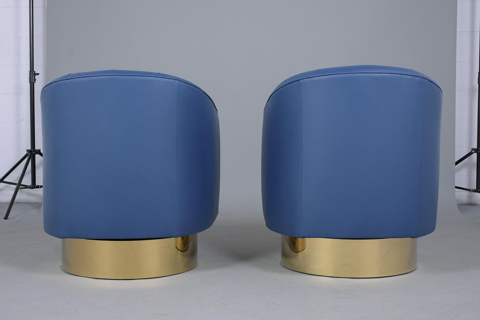 Wood Pair ofMilo Baughman-Inspired Vintage Brass Swivel Lounge Chairs in Blue Leather
