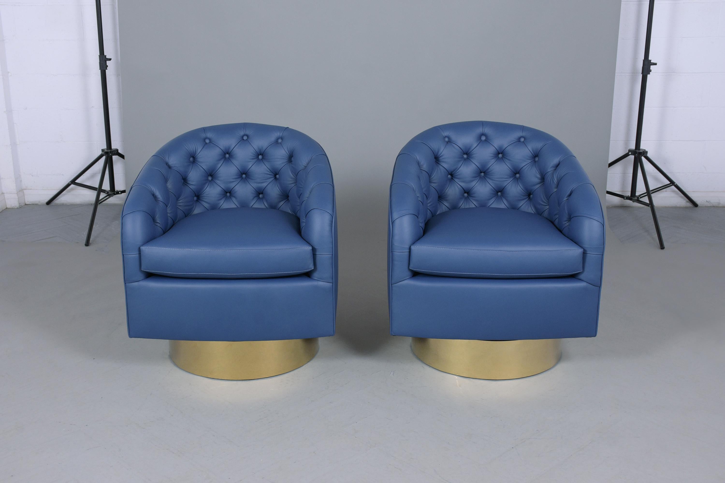 Carved Pair ofMilo Baughman-Inspired Vintage Brass Swivel Lounge Chairs in Blue Leather