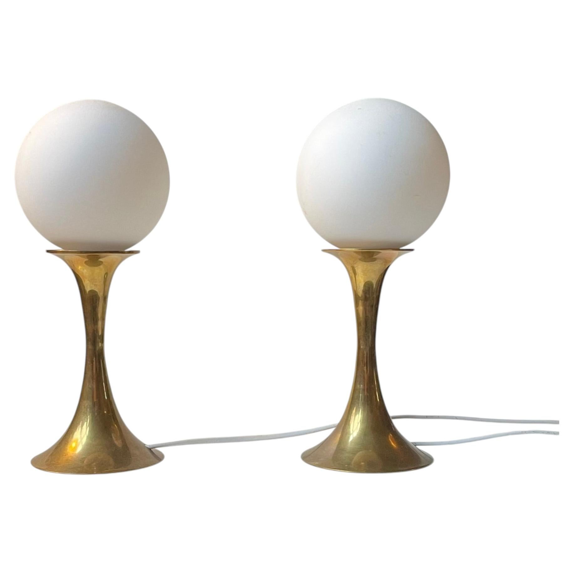 Vintage Brass Table Lights w. Orb Spheres in White Glass, 1970s For Sale