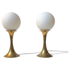 Vintage Brass Table Lights w. Orb Spheres in White Glass, 1970s