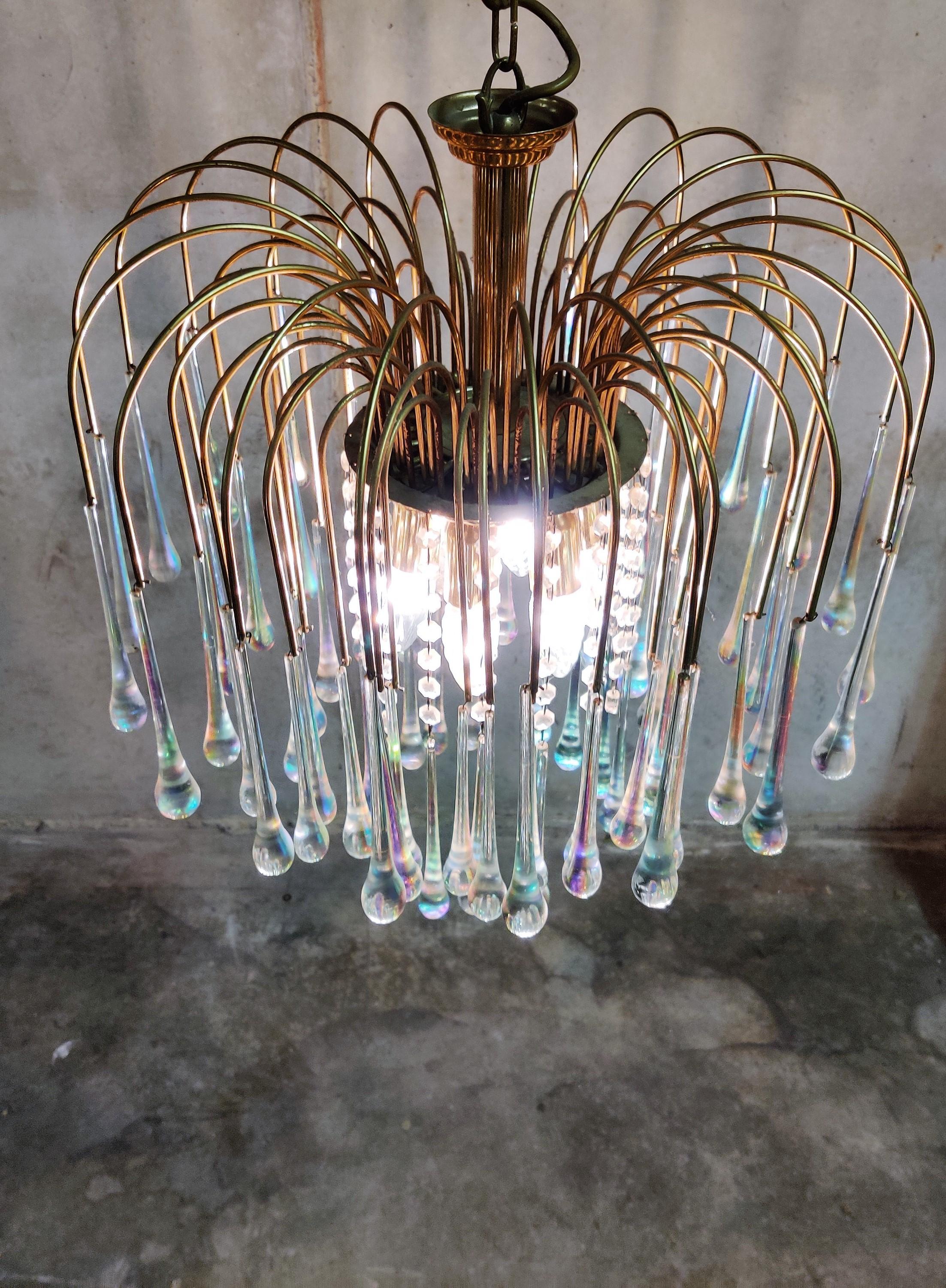 Italian Vintage Brass Teardrop Chandelier with Crystal Murano Glass, 1970s