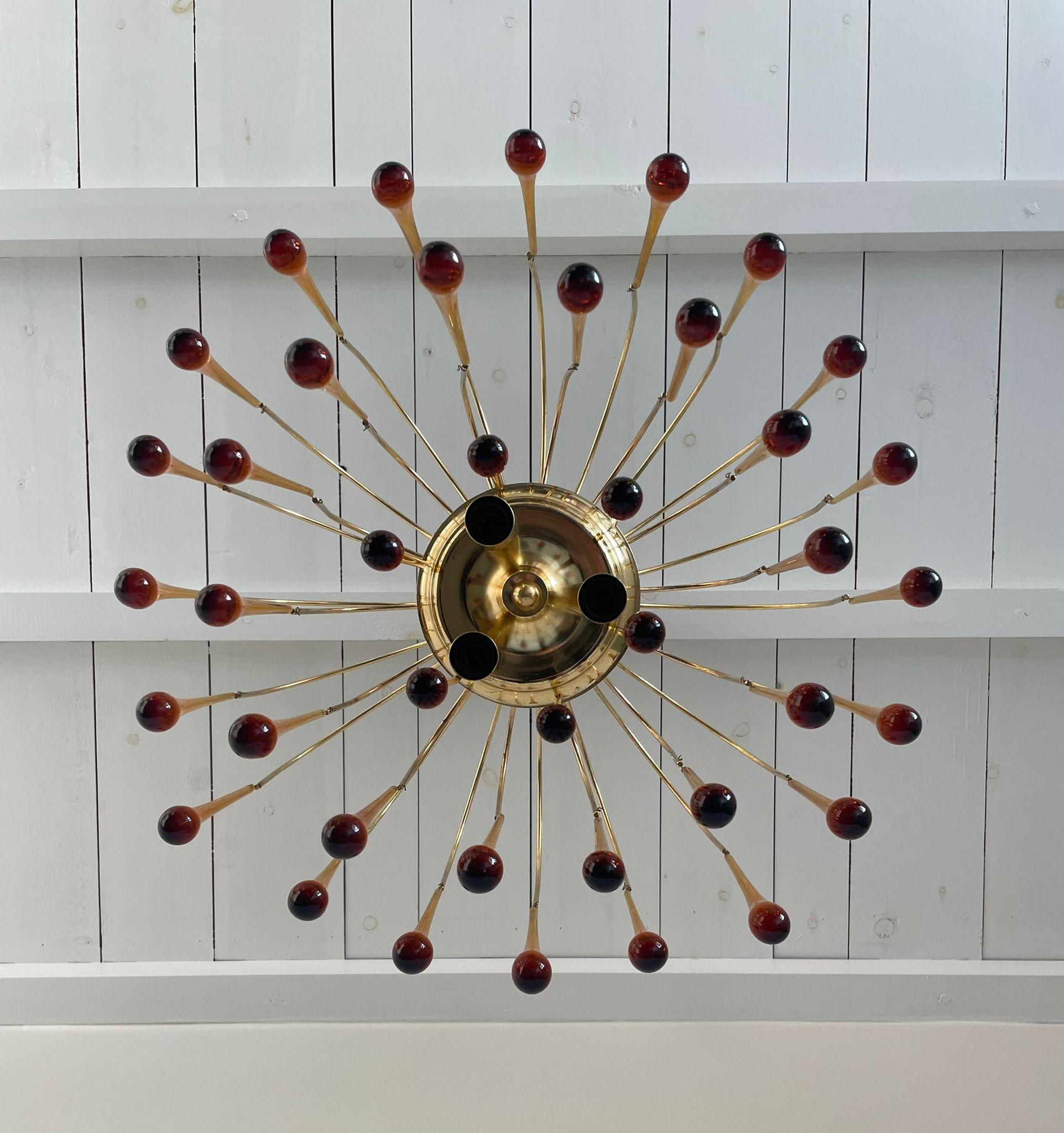 Hollywood Regency Vintage Brass Teardrop Chandelier with Crystal Murano Glass, 1970's