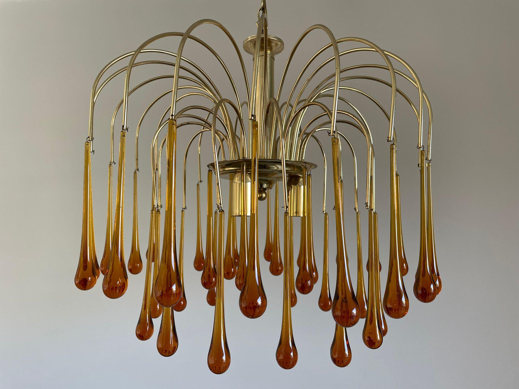 Italian Vintage Brass Teardrop Chandelier with Crystal Murano Glass, 1970's