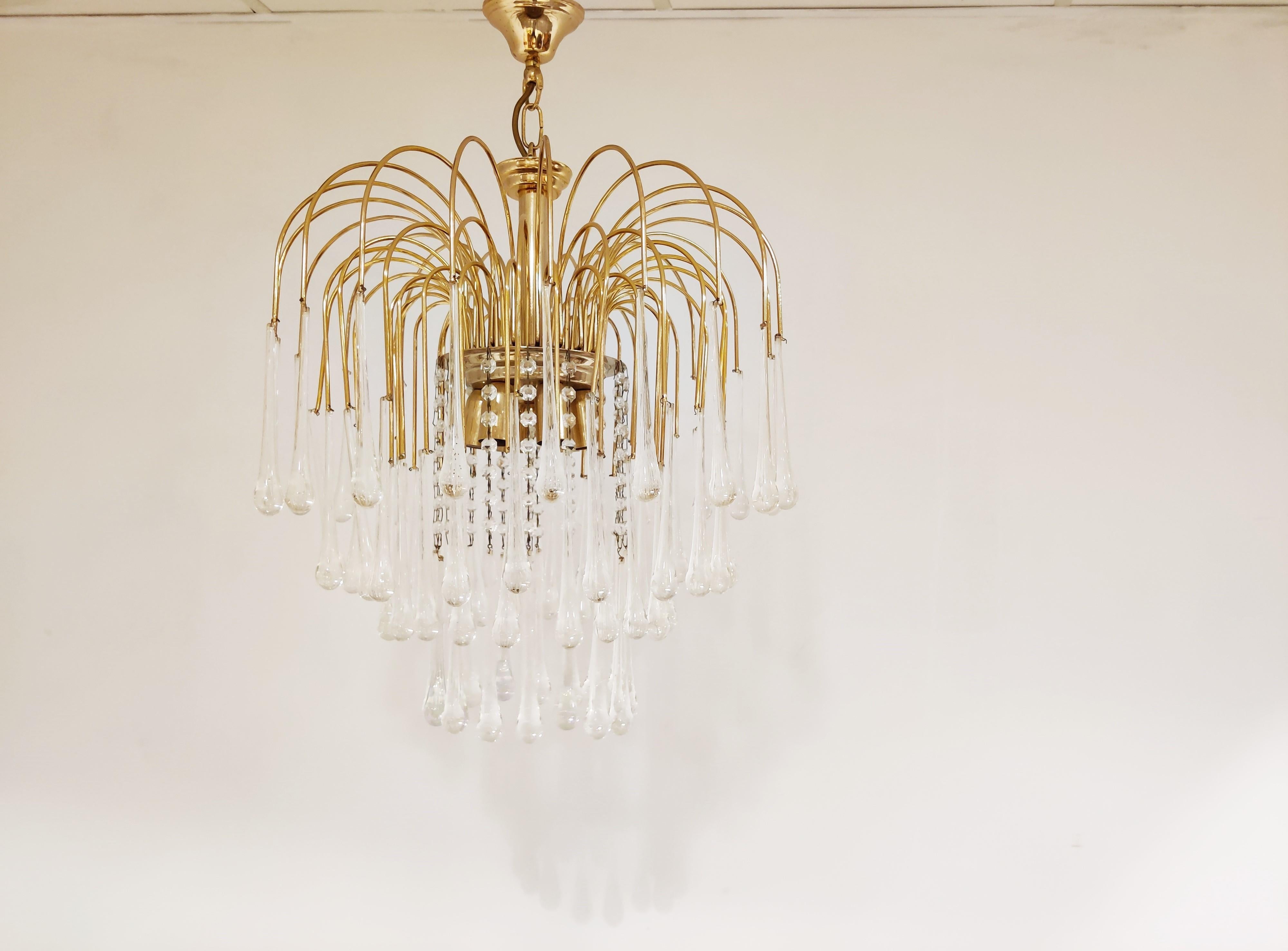 Vintage Brass Teardrop Chandelier with Crystal Murano Glass, 1970s In Good Condition In HEVERLEE, BE
