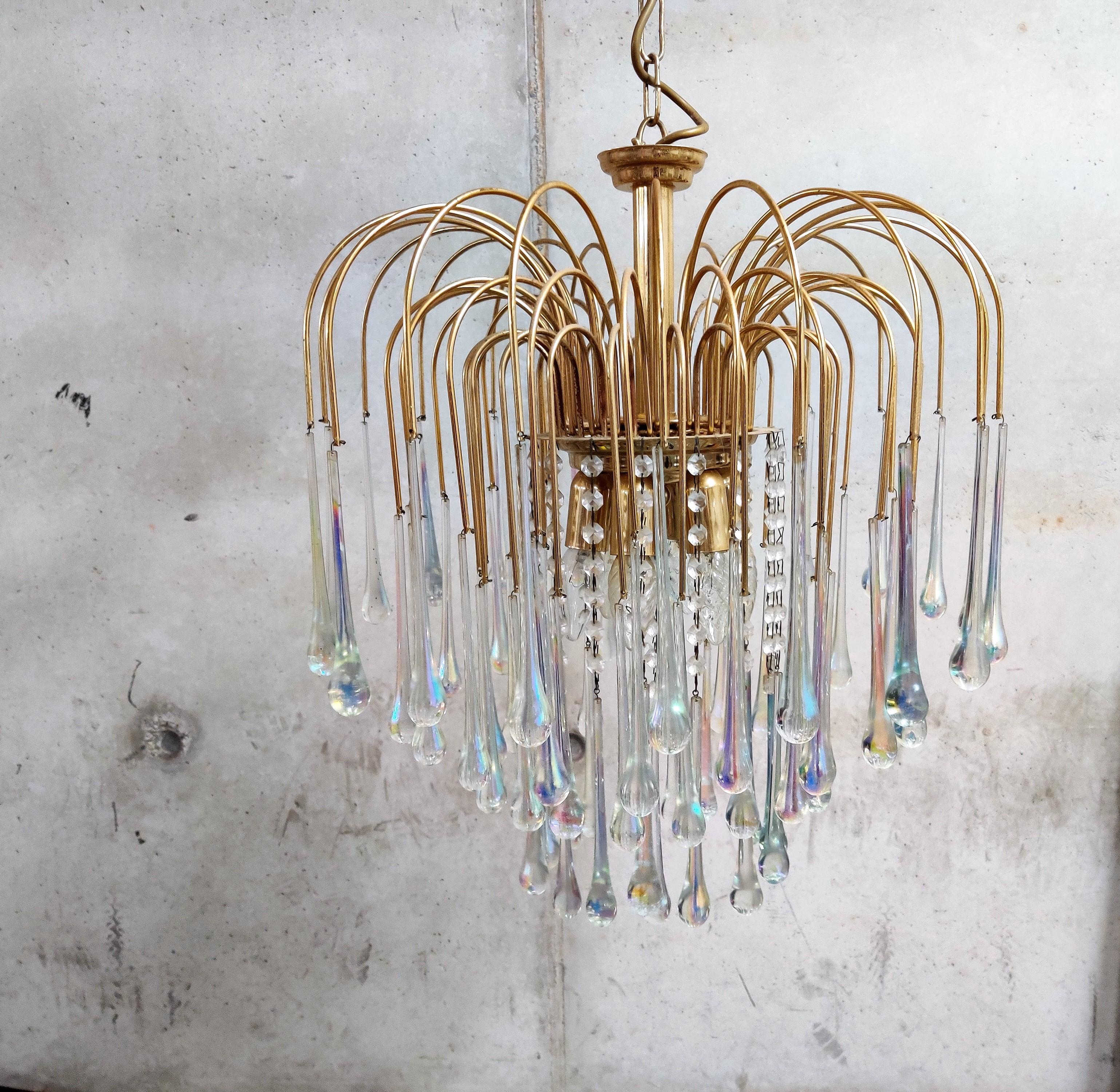 Italian Vintage Brass Teardrop Chandelier with Crystal Murano Glass, 1970s