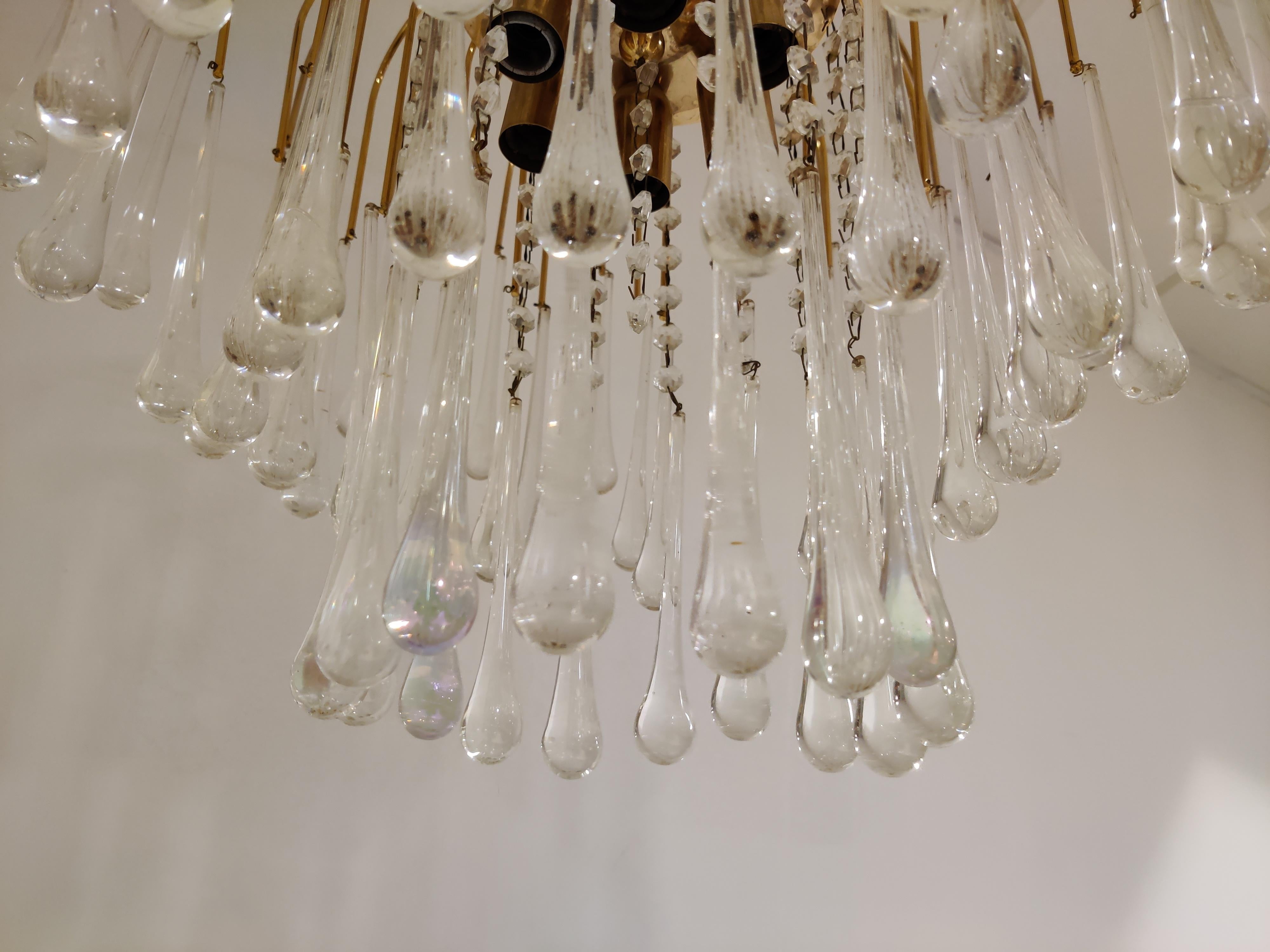 Late 20th Century Vintage Brass Teardrop Chandelier with Crystal Murano Glass, 1970s