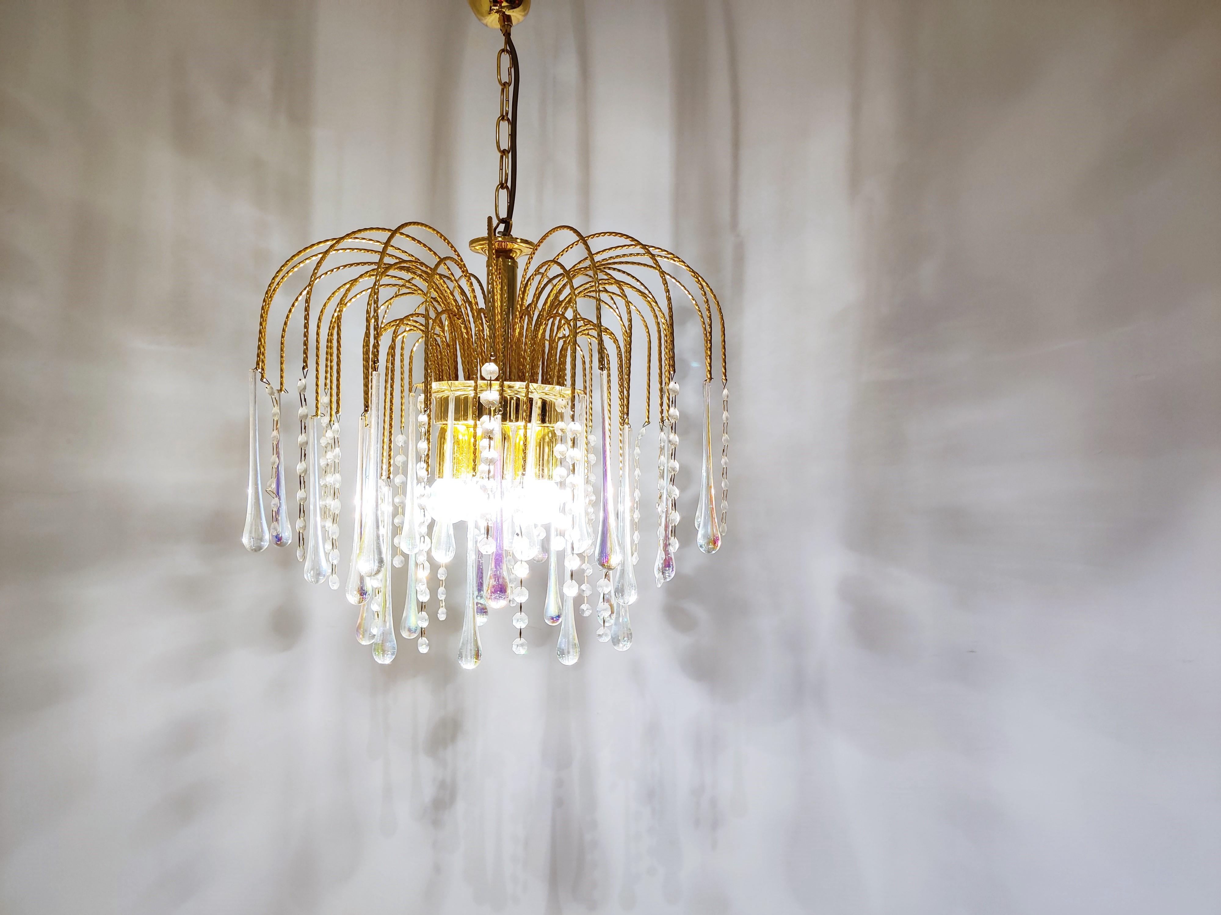 Late 20th Century Vintage Brass Teardrop Chandelier with Crystal Murano Glass, 1970's