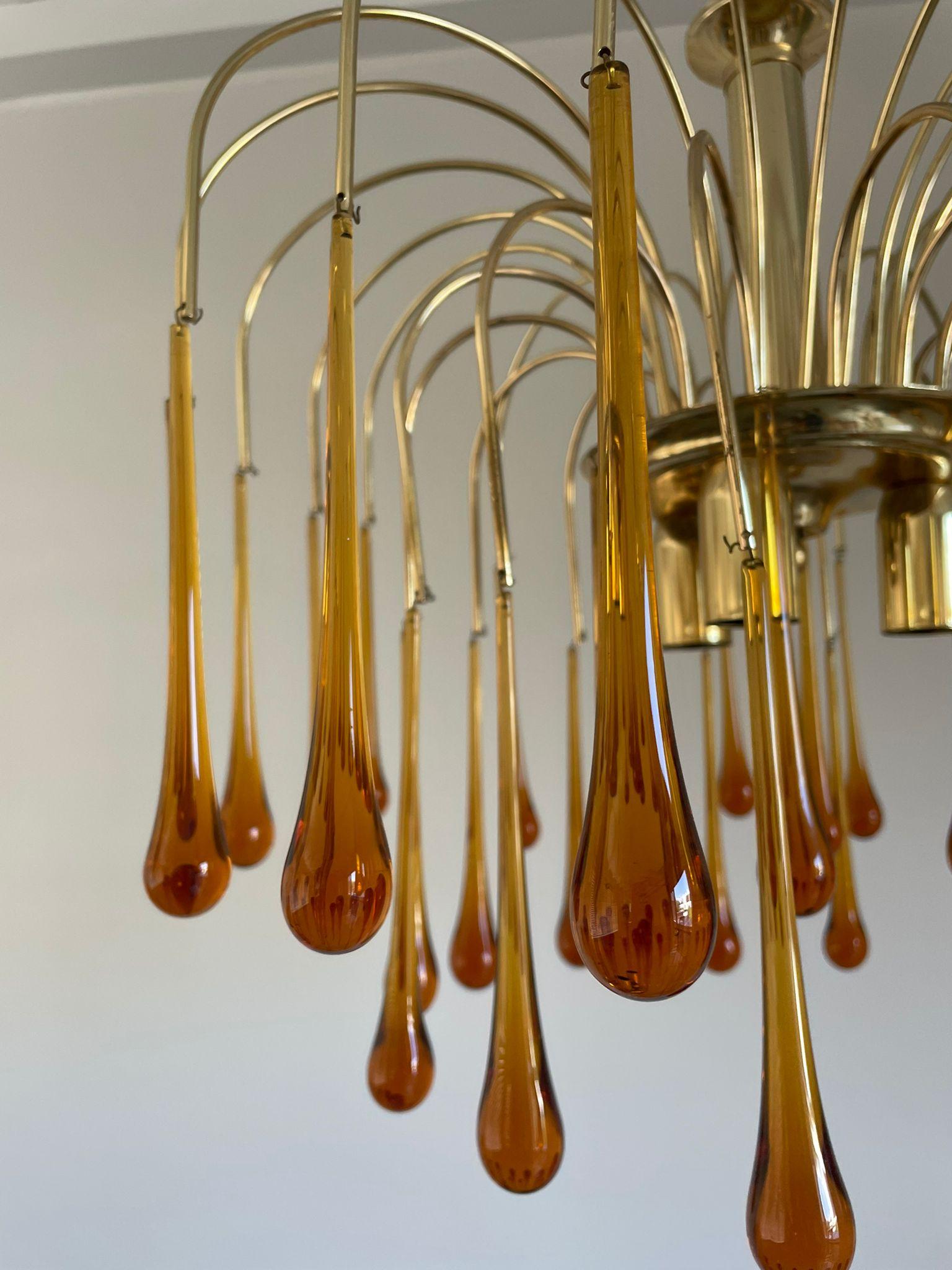Late 20th Century Vintage Brass Teardrop Chandelier with Crystal Murano Glass, 1970's