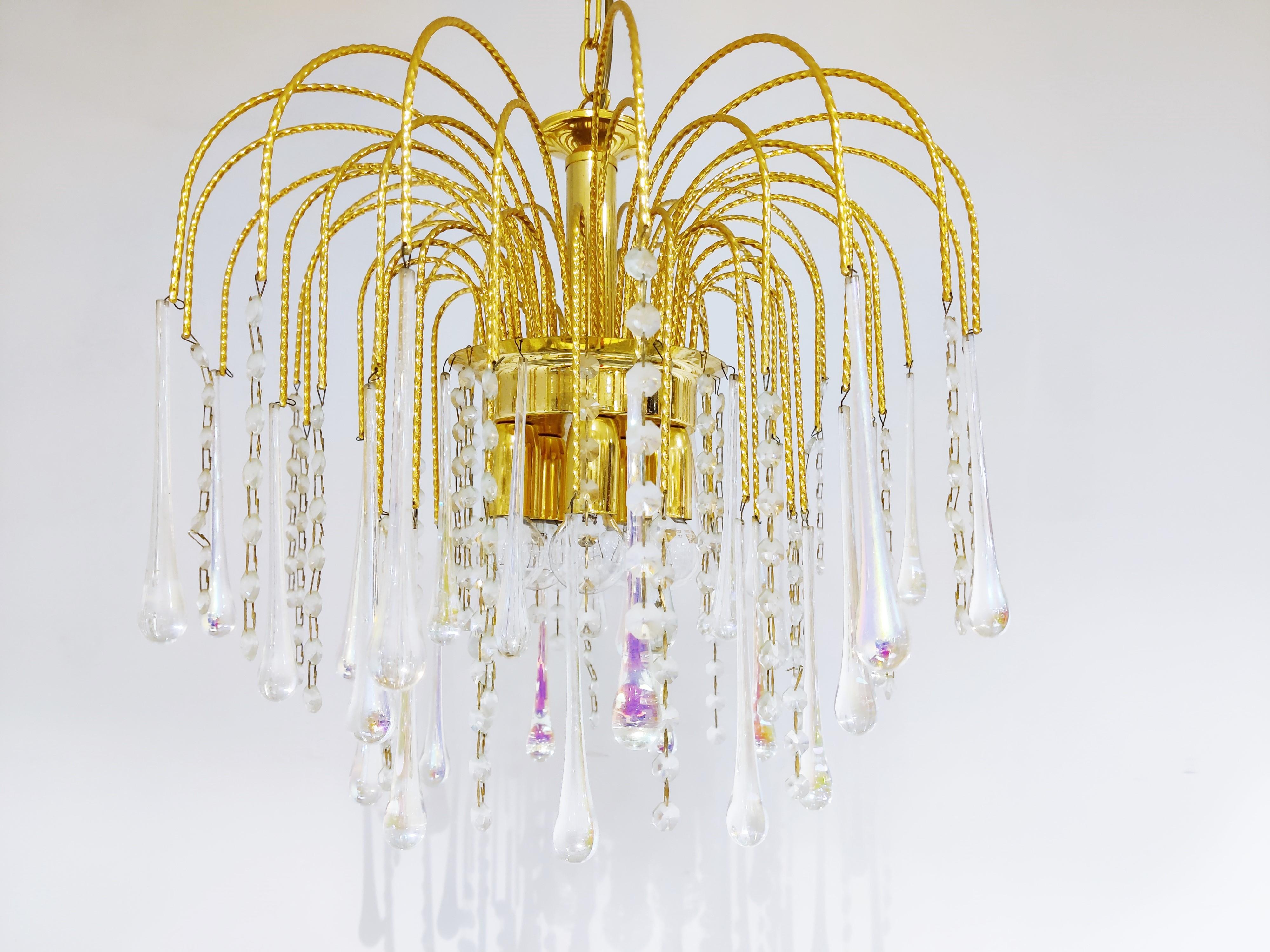 Vintage Brass Teardrop Chandelier with Crystal Murano Glass, 1970's 2