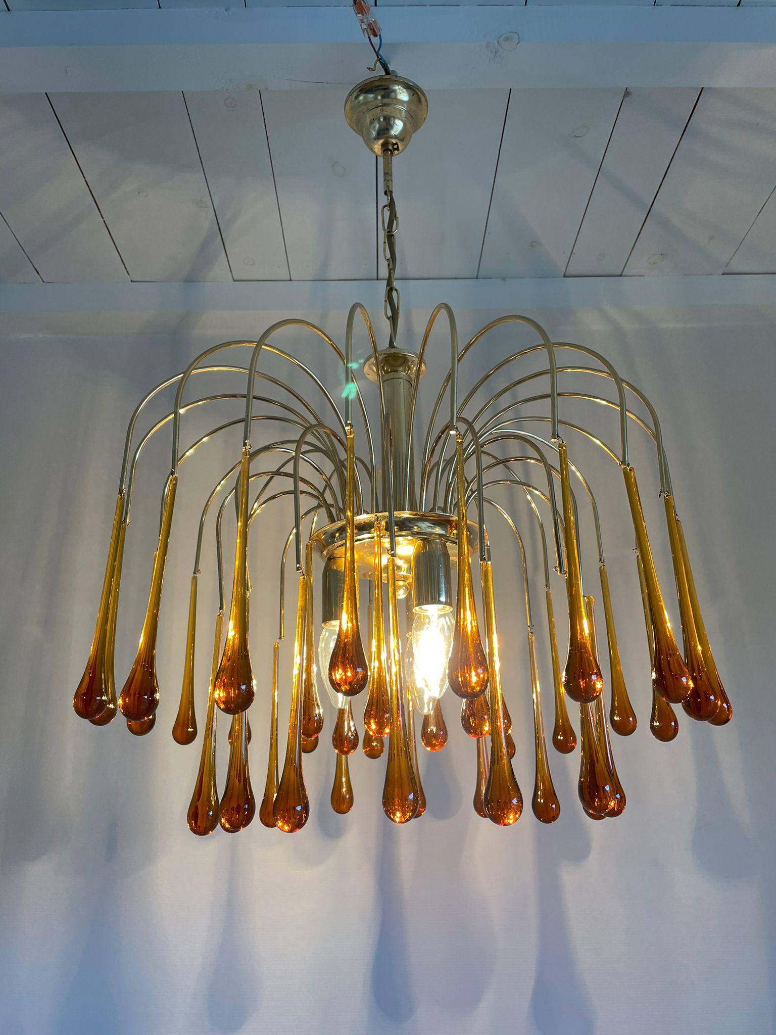 Vintage Brass Teardrop Chandelier with Crystal Murano Glass, 1970's 2