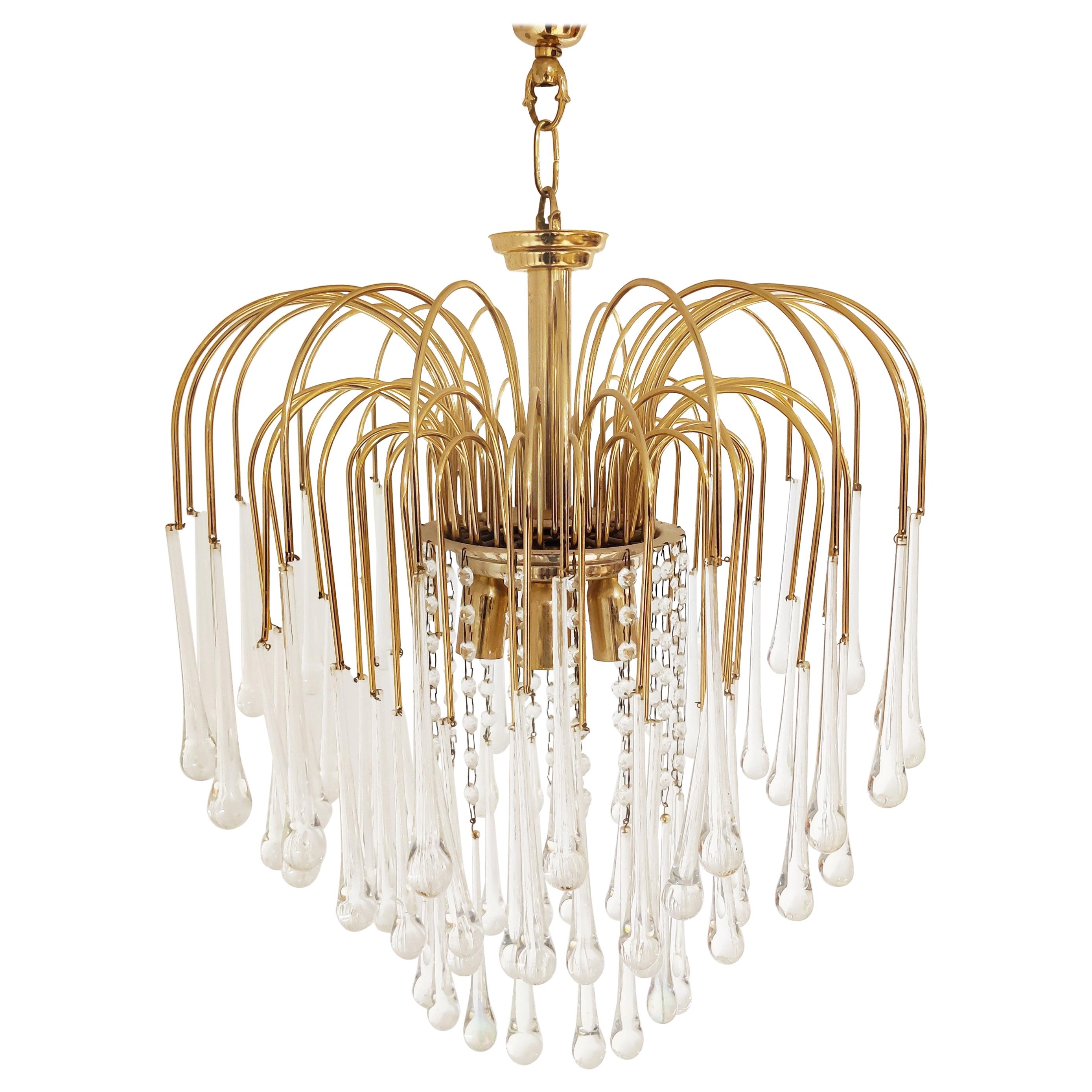 Vintage Brass Teardrop Chandelier with Crystal Murano Glass, 1970s