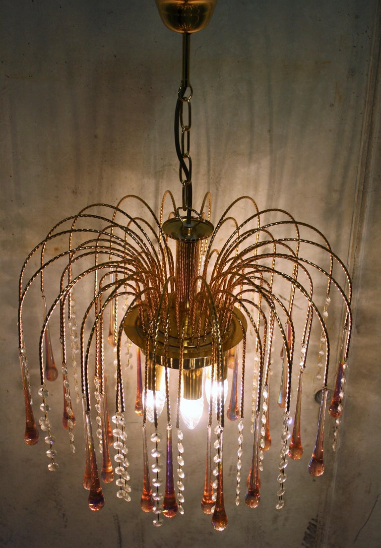 Vintage Brass Teardrop Chandelier with Pink Crystal Murano Glass, 1960s