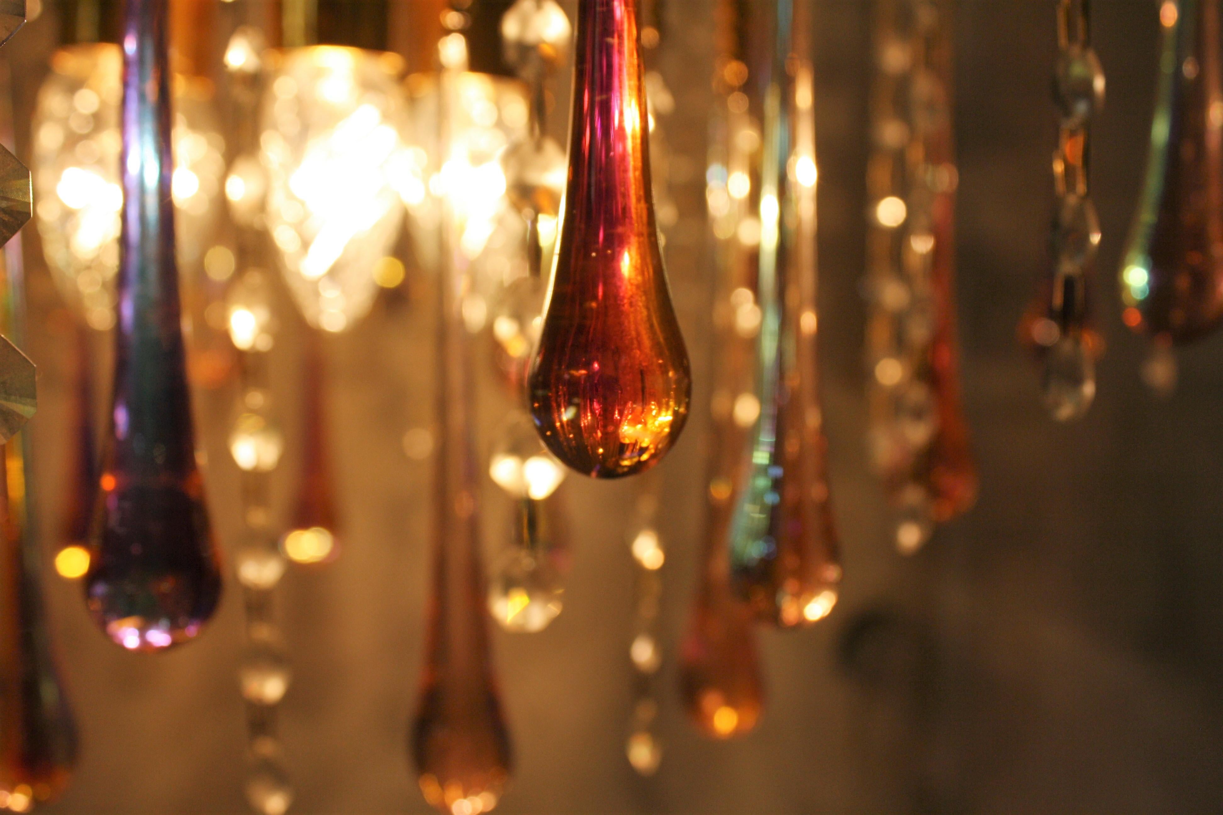 Vintage Brass Teardrop Chandelier with Pink Crystal Murano Glass, 1960s In Excellent Condition In Leuven, Vlaams Gewest