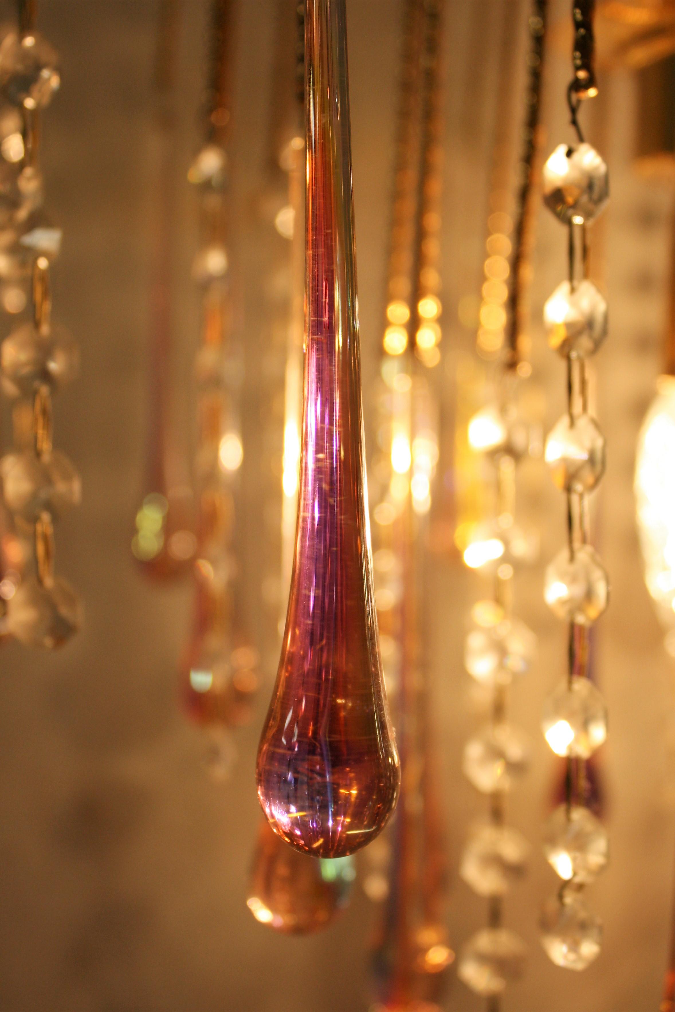 Mid-20th Century Vintage Brass Teardrop Chandelier with Pink Crystal Murano Glass, 1960s
