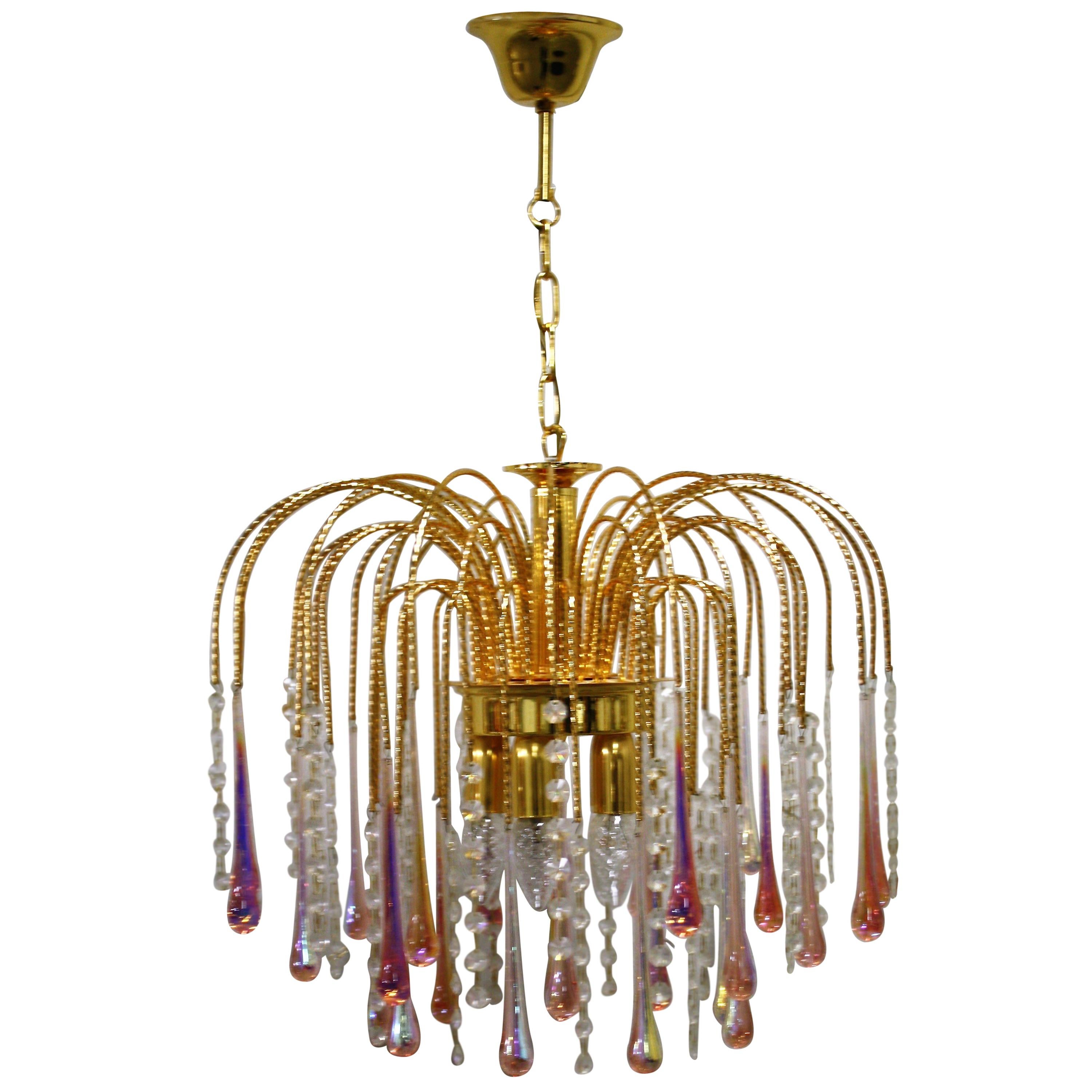 Vintage Brass Teardrop Chandelier with Pink Crystal Murano Glass, 1960s