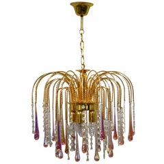 Vintage Brass Teardrop Chandelier with Pink Crystal Murano Glass, 1960s