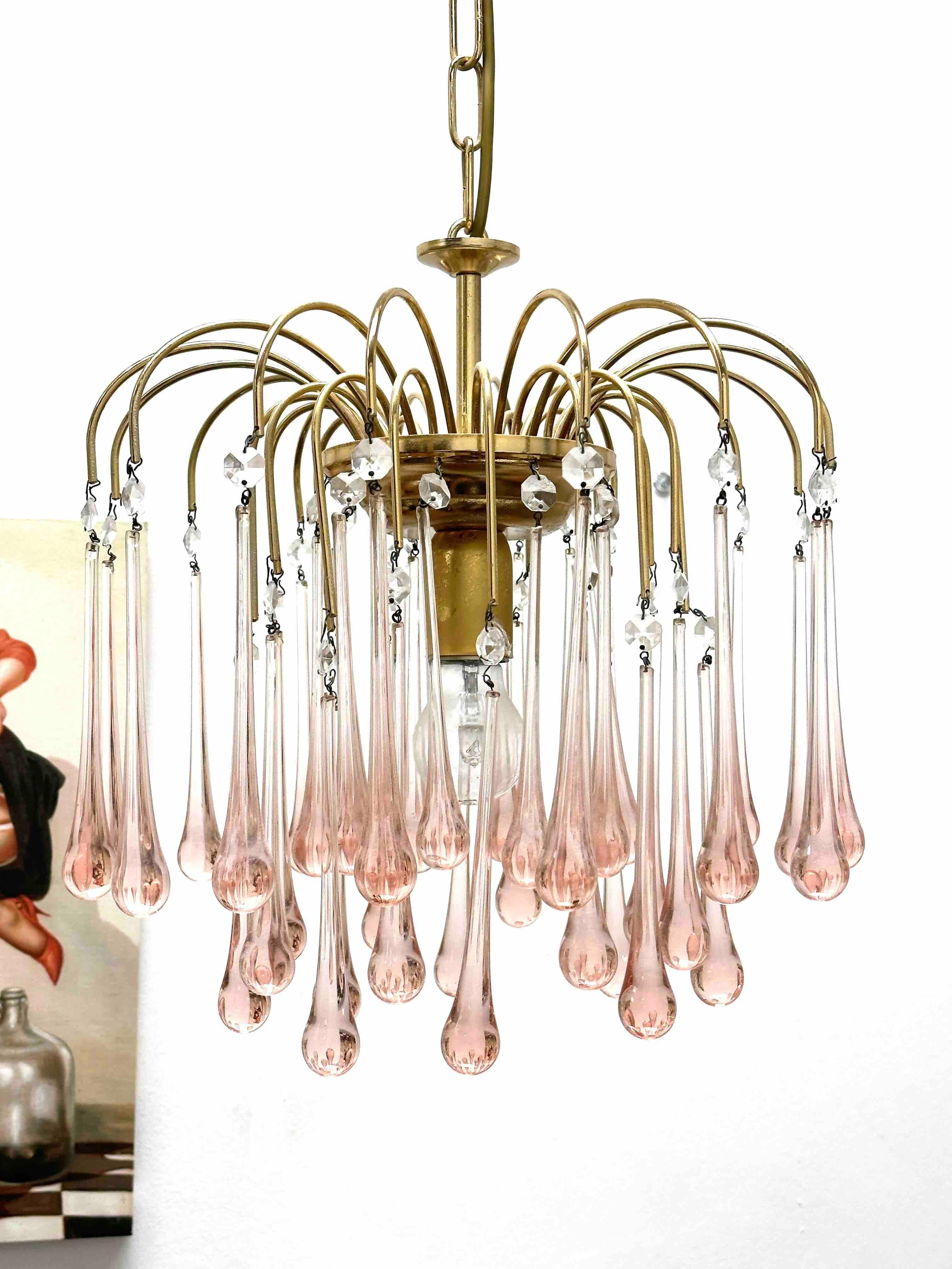 Hollywood Regency Vintage Brass Teardrop Chandelier with Pink Crystal Murano Glass, 1970's For Sale