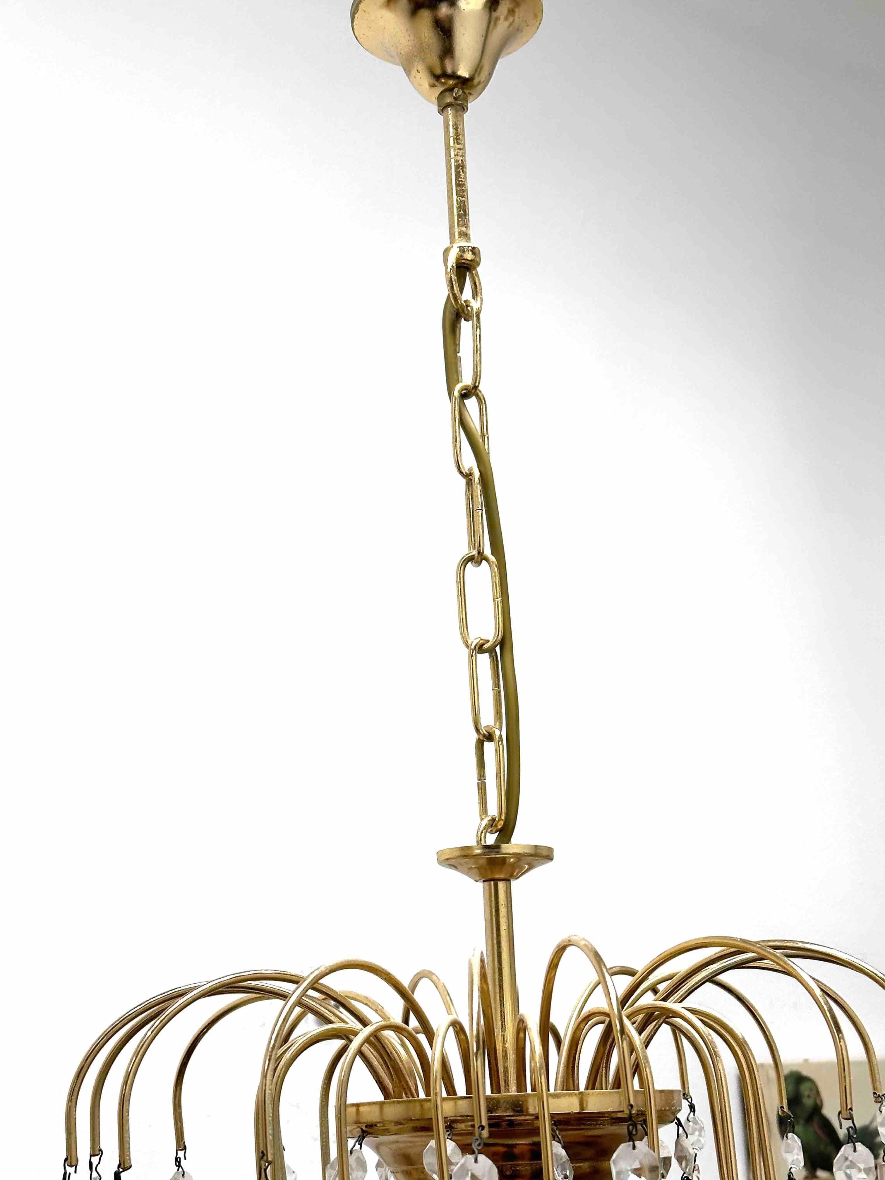 Vintage Brass Teardrop Chandelier with Pink Crystal Murano Glass, 1970's In Good Condition For Sale In Nuernberg, DE