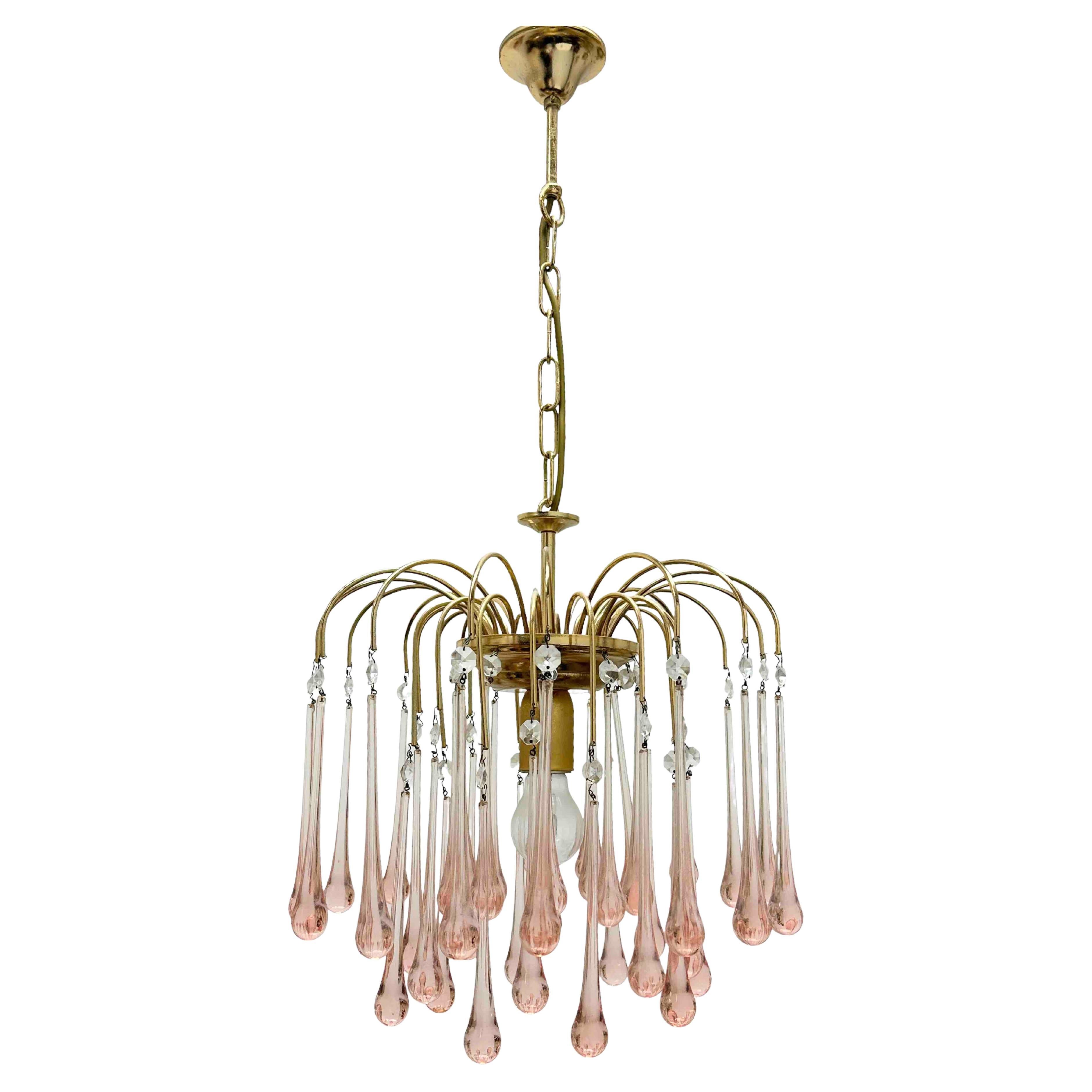 Vintage Brass Teardrop Chandelier with Pink Crystal Murano Glass, 1970's For Sale