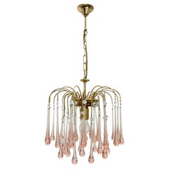Vintage Brass Teardrop Chandelier with Pink Crystal Murano Glass, 1970's