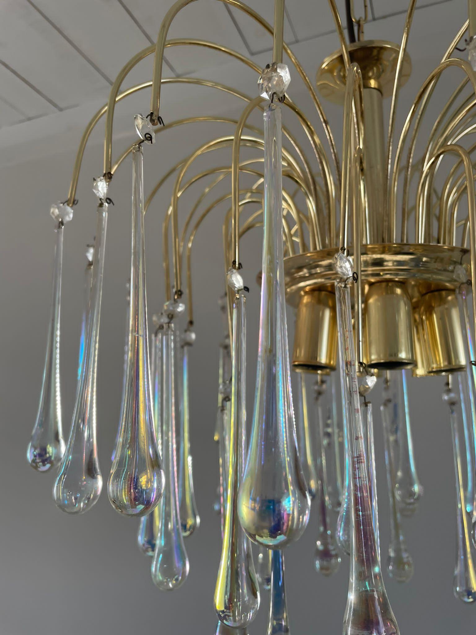 Italian Vintage Brass Teardrop Chandeliers with Crystal Murano Glass, 1970's, Set of 2 For Sale