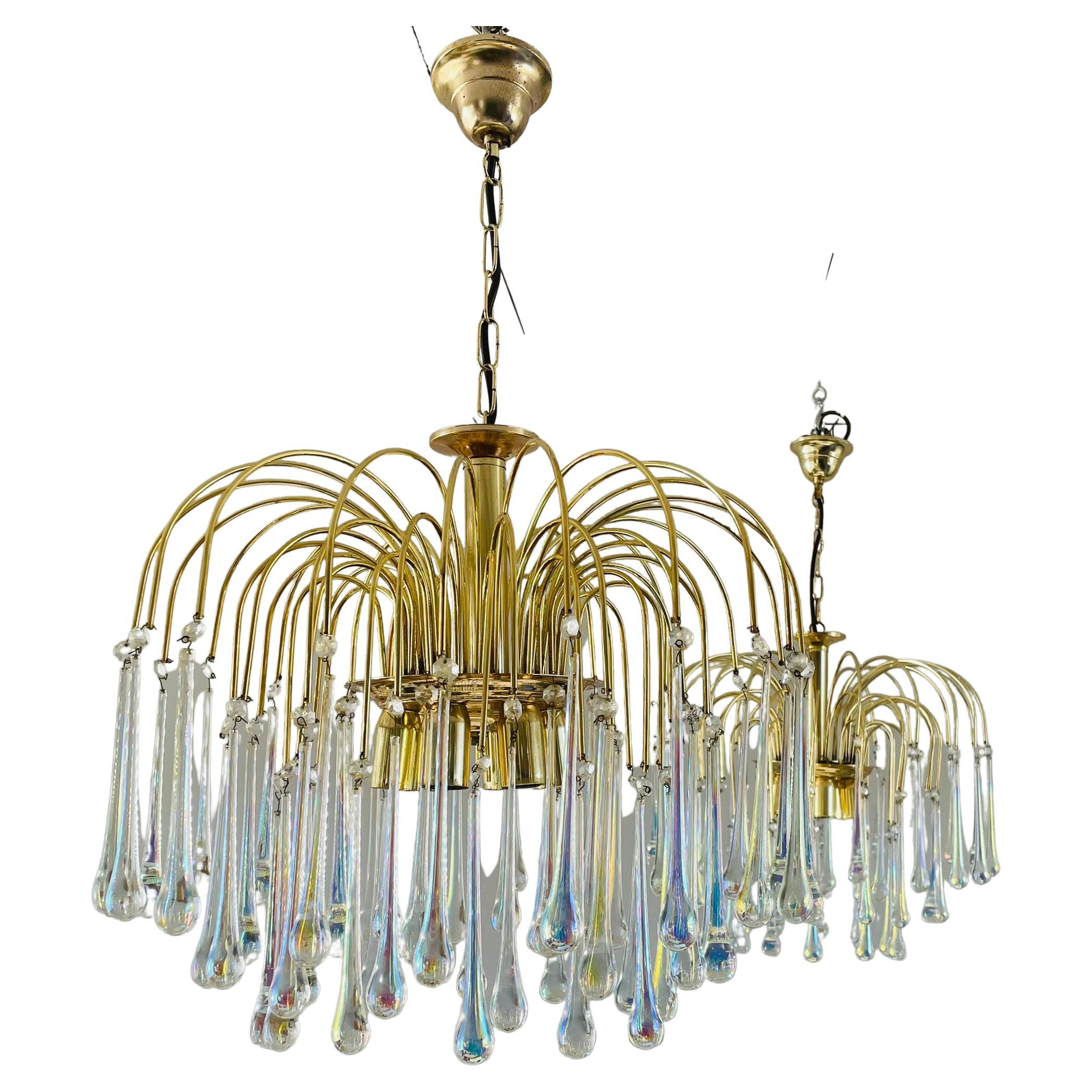 Vintage Brass Teardrop Chandeliers with Crystal Murano Glass, 1970's, Set of 2 For Sale