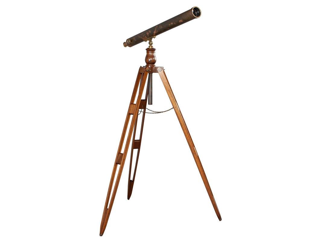 Industrial Vintage Brass Telescope on Walnut Tripod Stand For Sale