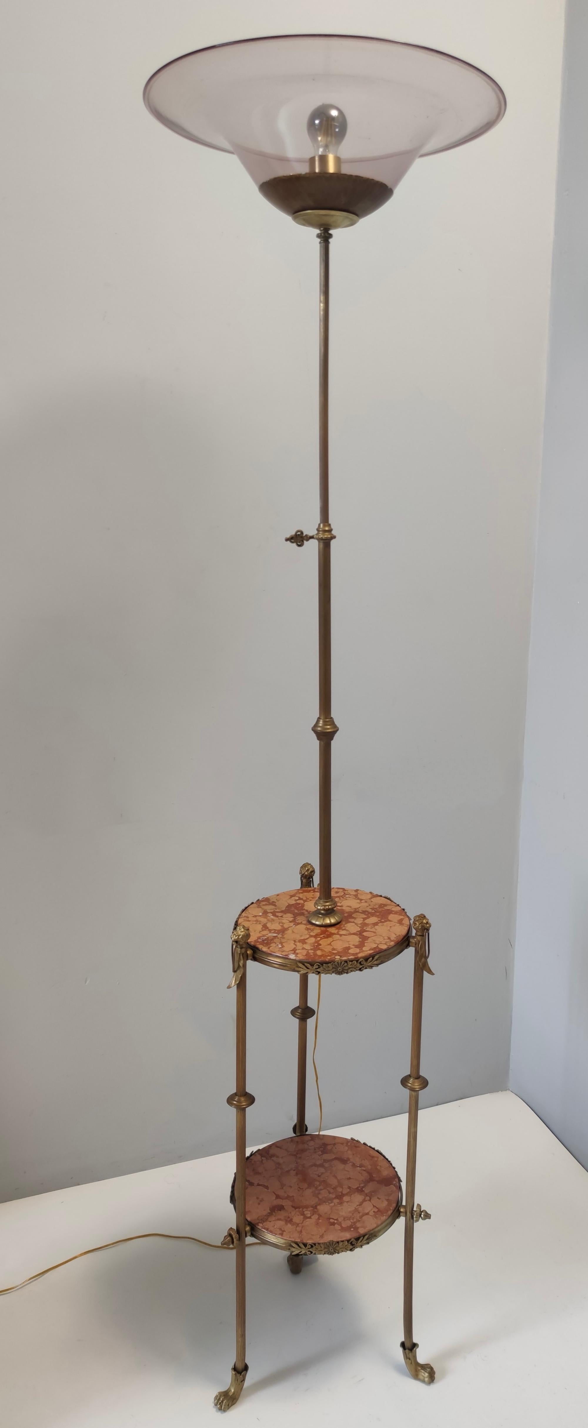 Renaissance Revival Vintage Brass Telescopic Floor Lamp with Red Travertine Marble Tops, Italy For Sale