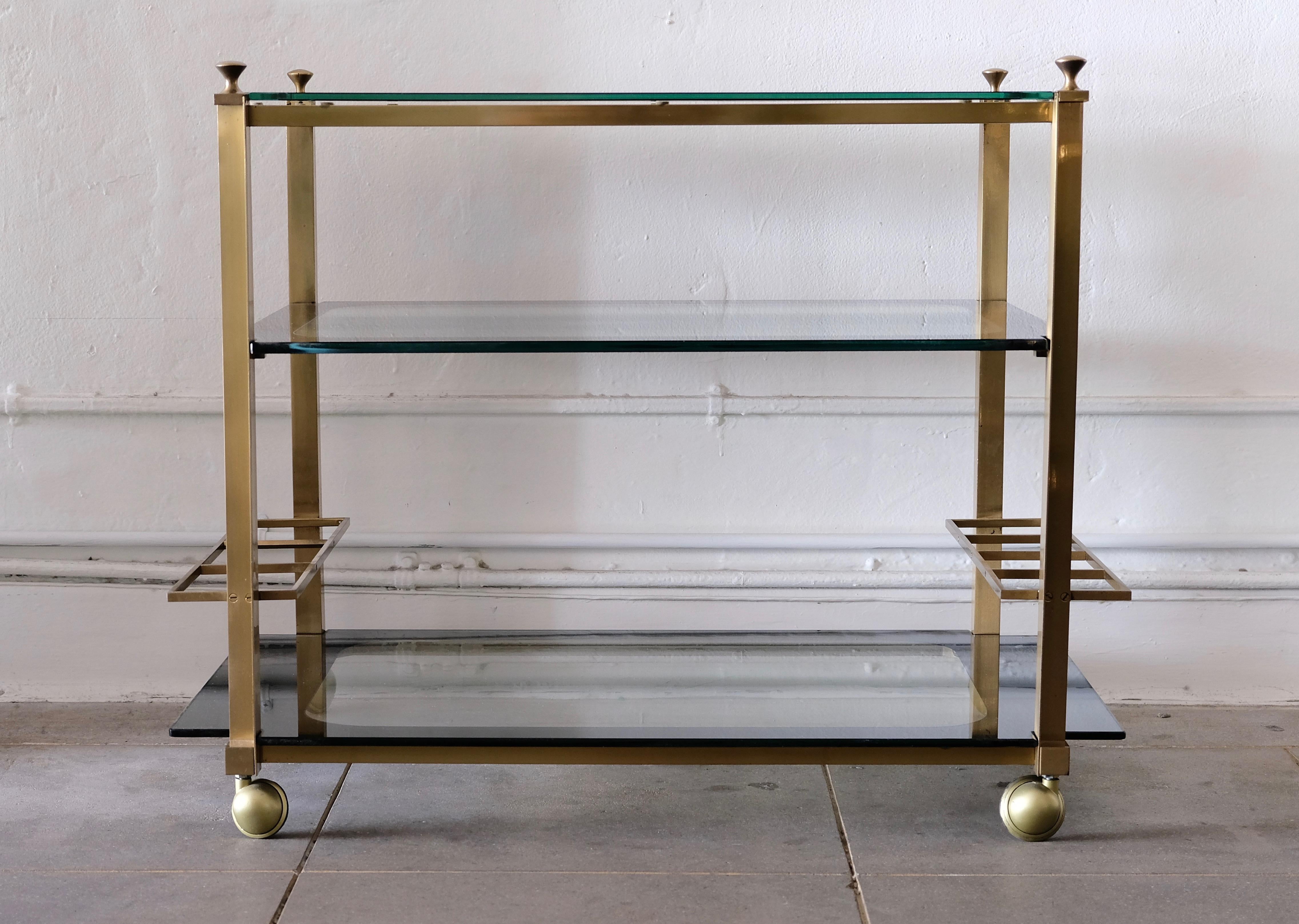 Mid-Century Modern Vintage Brass Three Tiered Glass and Mirror Bar Cart