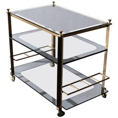 Vintage Brass Three Tiered Glass and Mirror Bar Cart