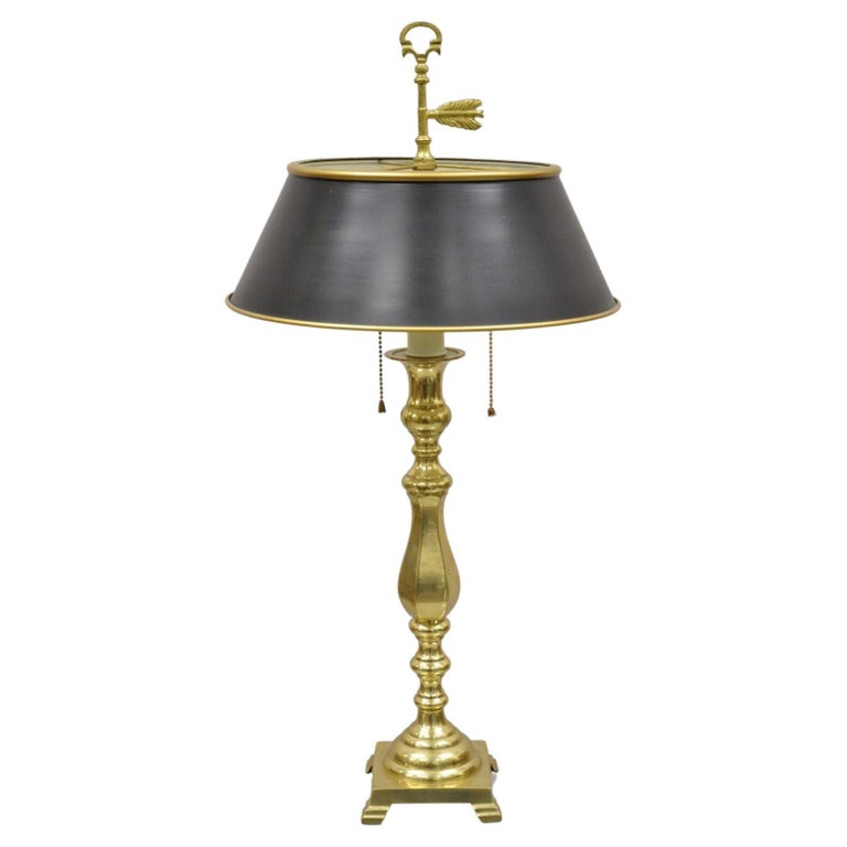 Vintage Brass Tole Metal Black Tole Shade Candlestick Desk Table Lamp