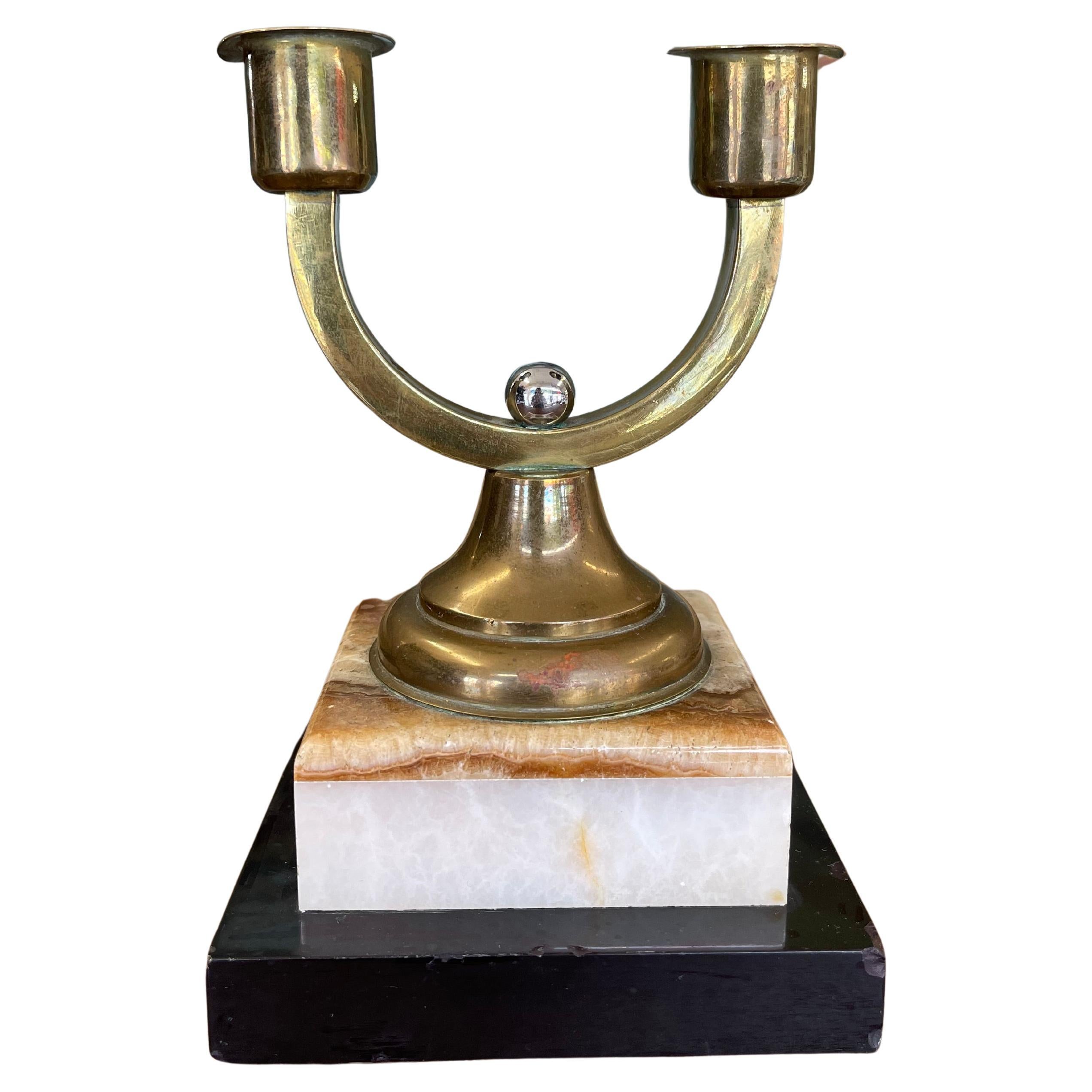 Vintage Brass Toned Double-Arm Candle Holder on Possibly Marble and Onyx Base