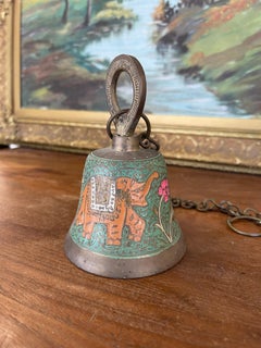 Vintage Brass Toned Hanging Bell with Hand-Painted Elephant and Floral Motifs, I