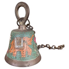 Vintage Brass Toned Hanging Bell with Hand-Painted Elephant and Floral Motifs, I