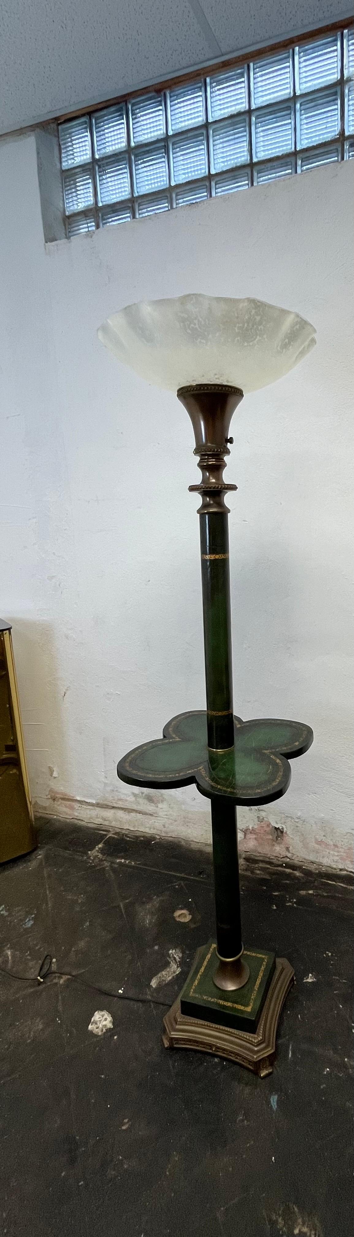 Unknown Vintage Brass Torchiere Floor Lamp Tooled Leather Wraped For Sale