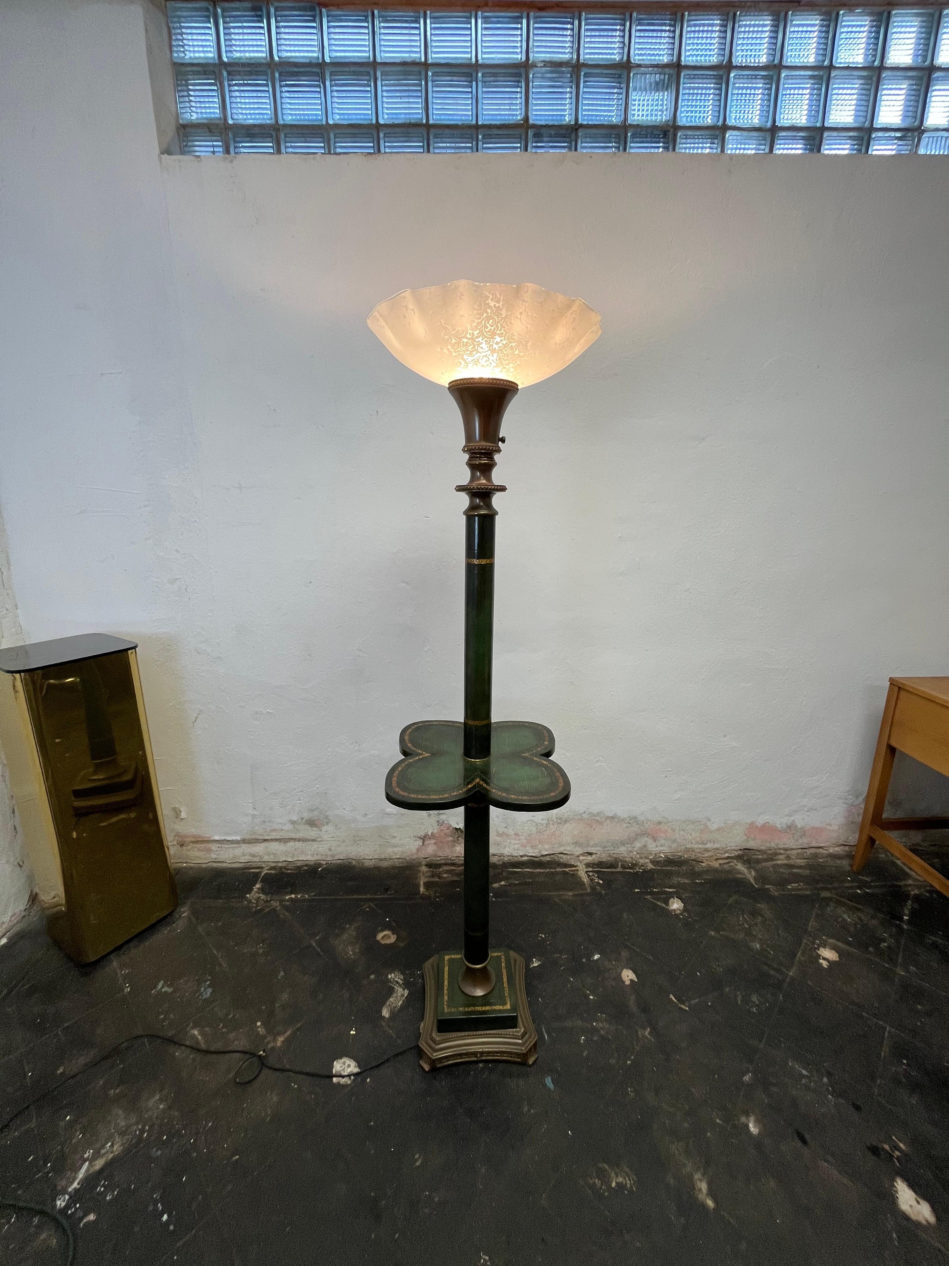 Vintage Brass Torchiere Floor Lamp Tooled Leather Wraped For Sale 3