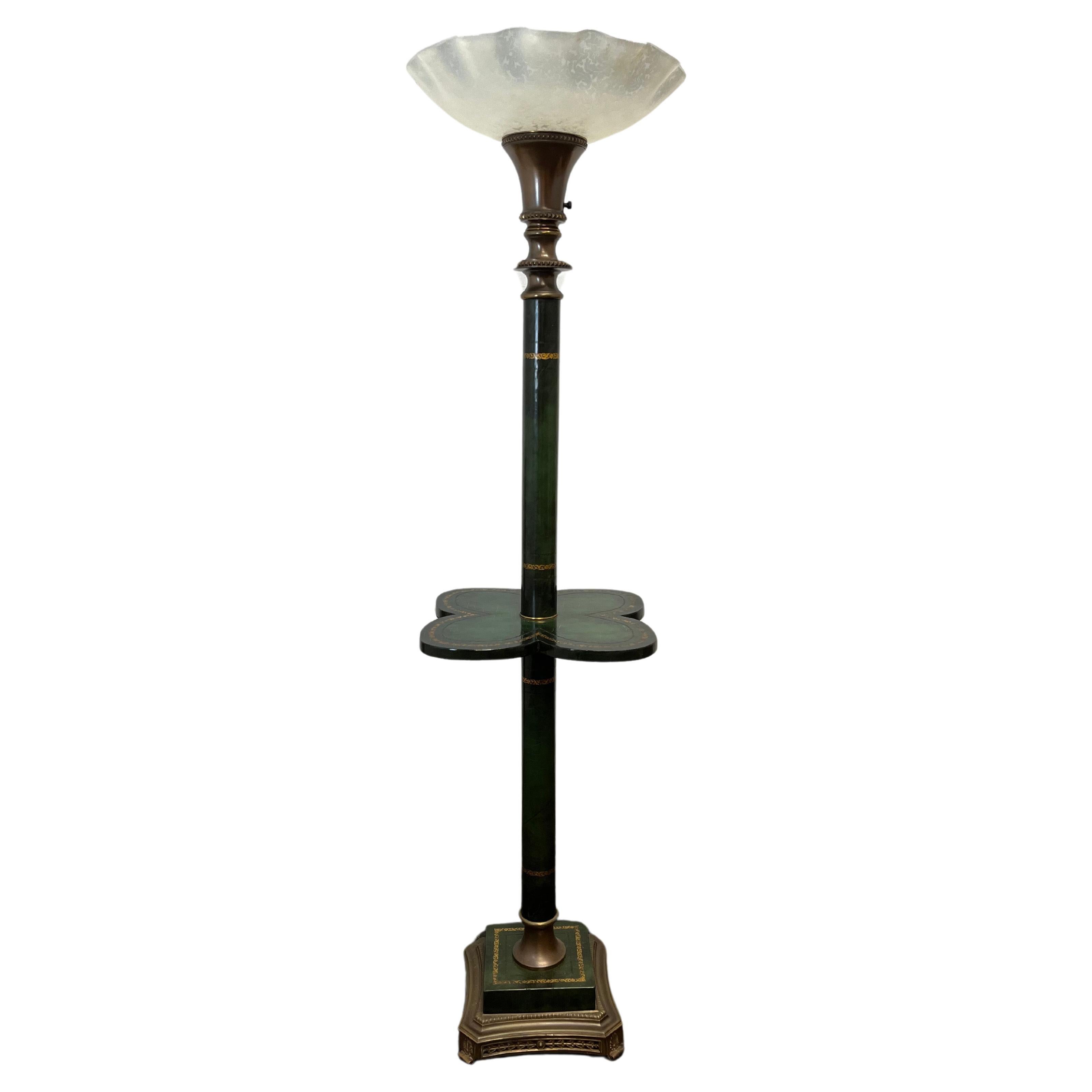 Vintage Brass Torchiere Floor Lamp Tooled Leather Wraped For Sale