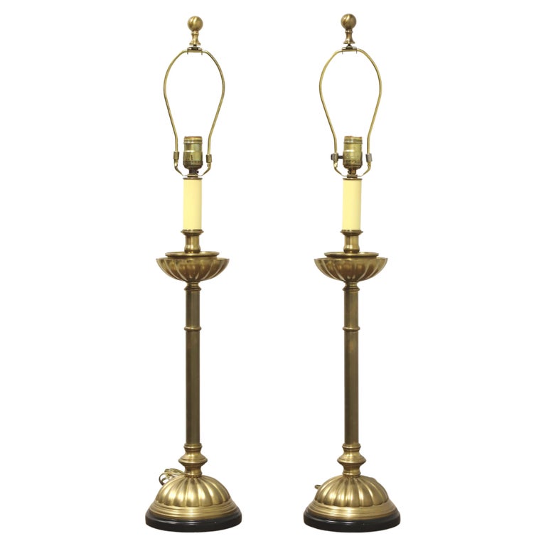 Vintage Brass Traditional Candlestick Table Lamps Pair For Sale at