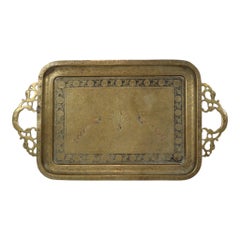 Vintage Brass Tray Engraved with Peacock Decoration