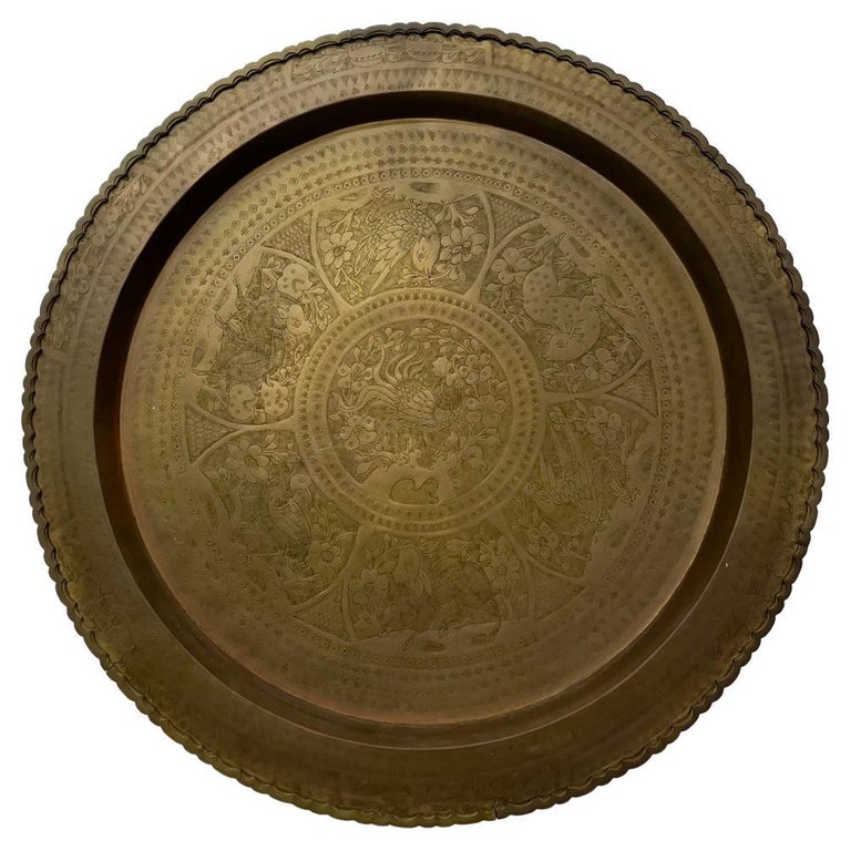 Vintage Brass Tray Floral Detail Decorative Wall Hanging For Sale at