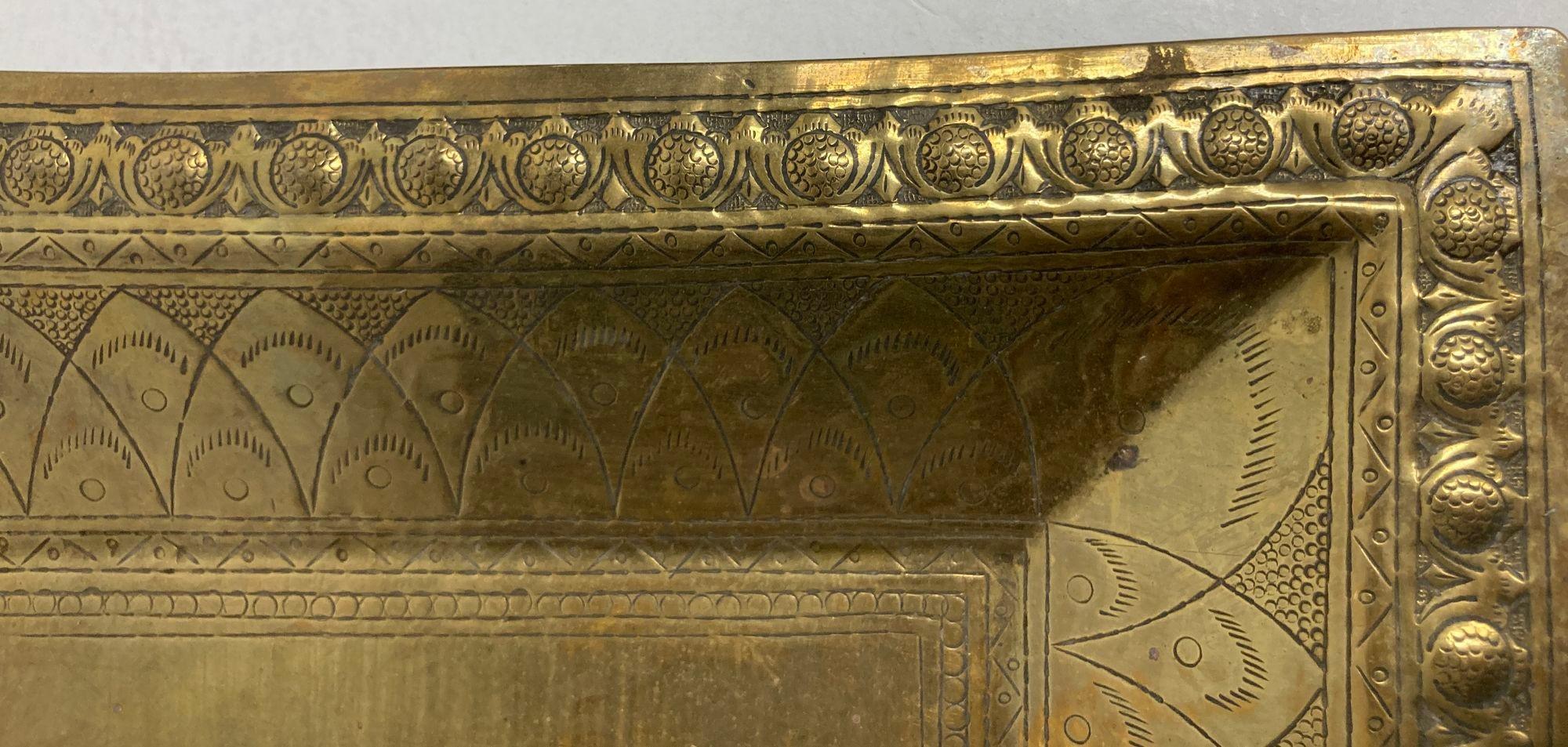 Embossed Vintage Brass Tray Indian Mughal Elephants Motif Engraved Serving Platter For Sale