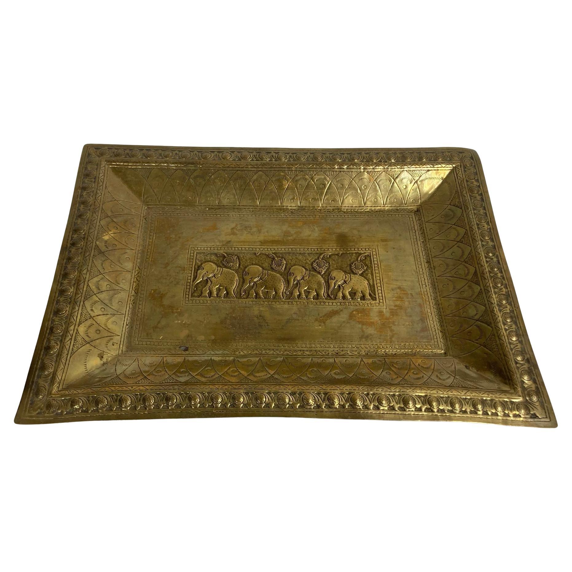 Vintage Brass Tray Indian Mughal Elephants Motif Engraved Serving Platter For Sale