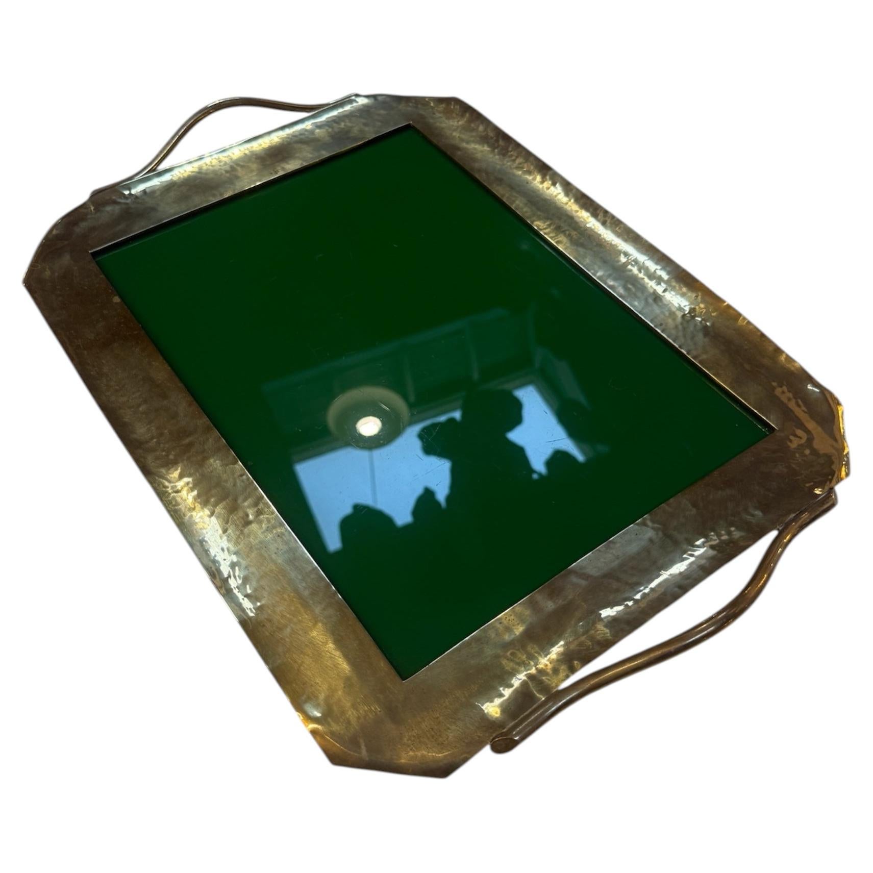 Vintage Brass Tray with Green Glass Insert For Sale