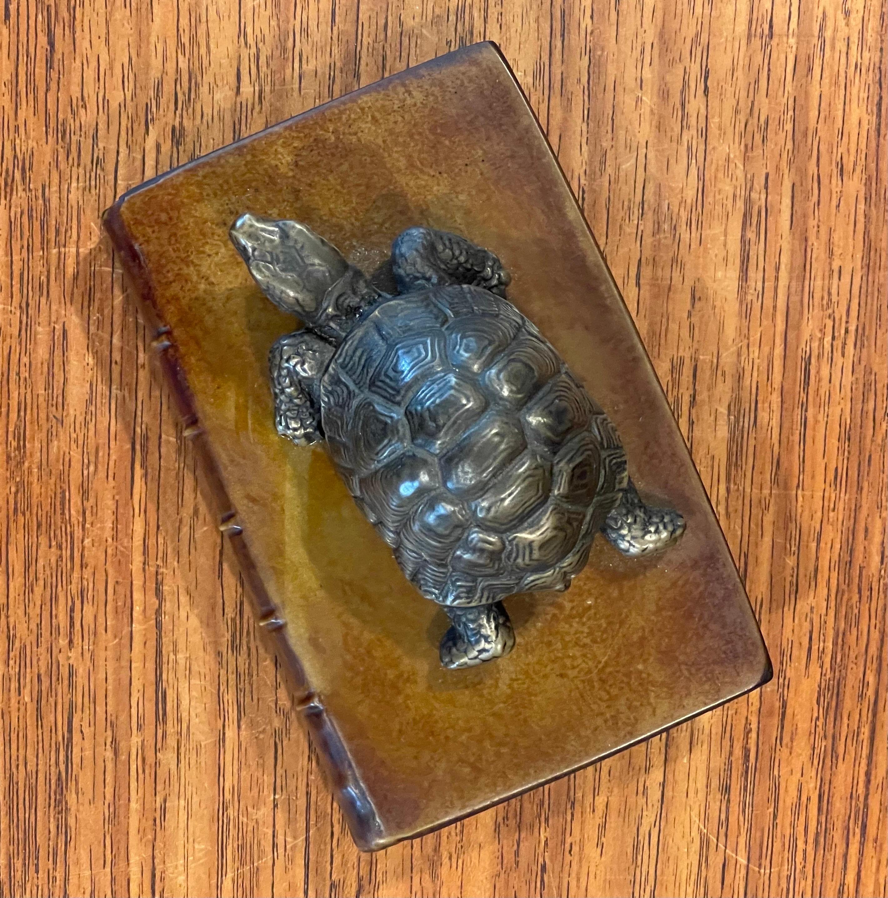 Vintage Brass Turtle on Faux Book Paperweight For Sale 3