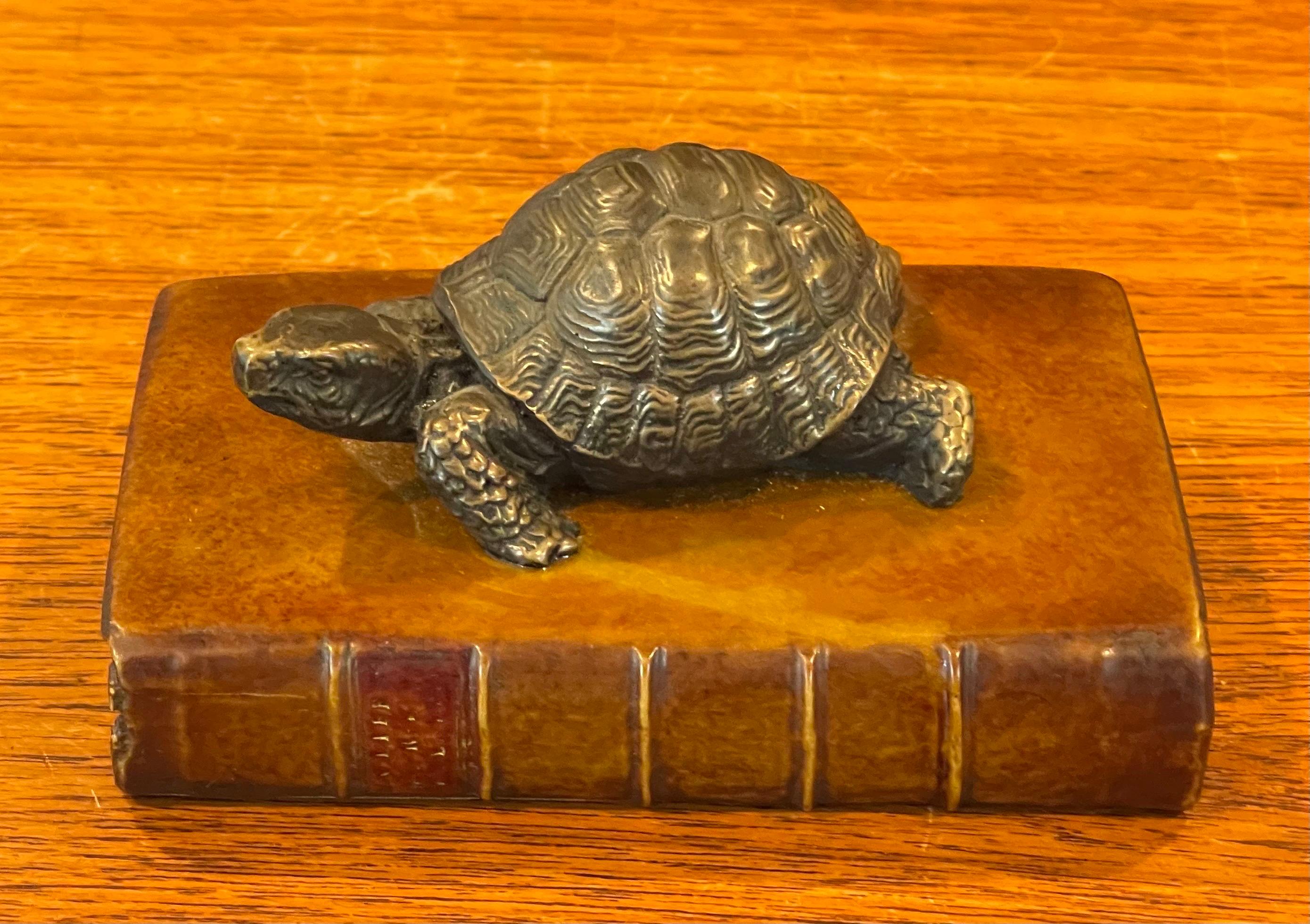 Leather Vintage Brass Turtle on Faux Book Paperweight For Sale