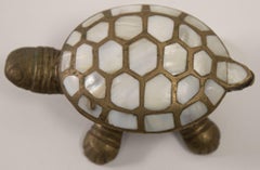 Vintage Brass Turtle with Inlaid Mother of Pearl Lidded Box